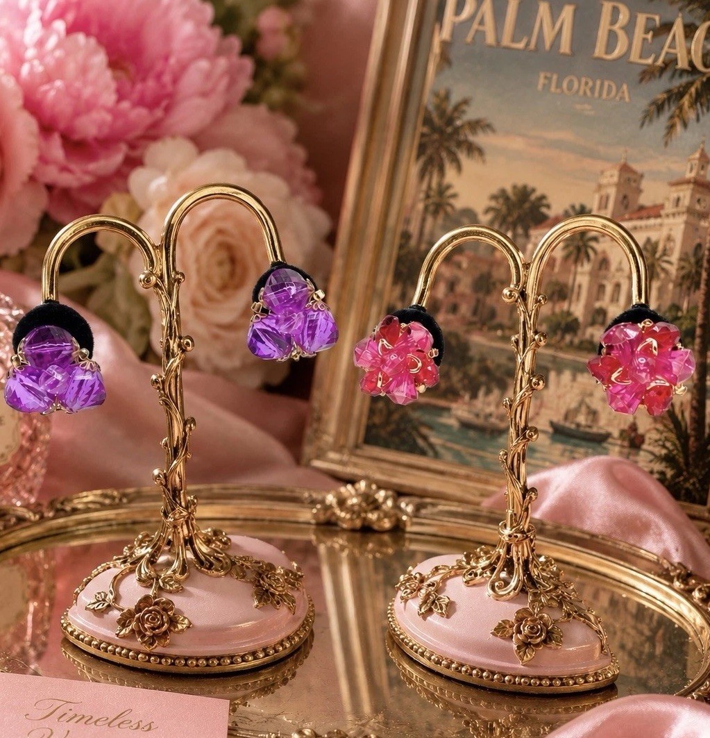 Vintage West Germany Barbiecore Clip Earrings Pink Purple Lucite Mod Set