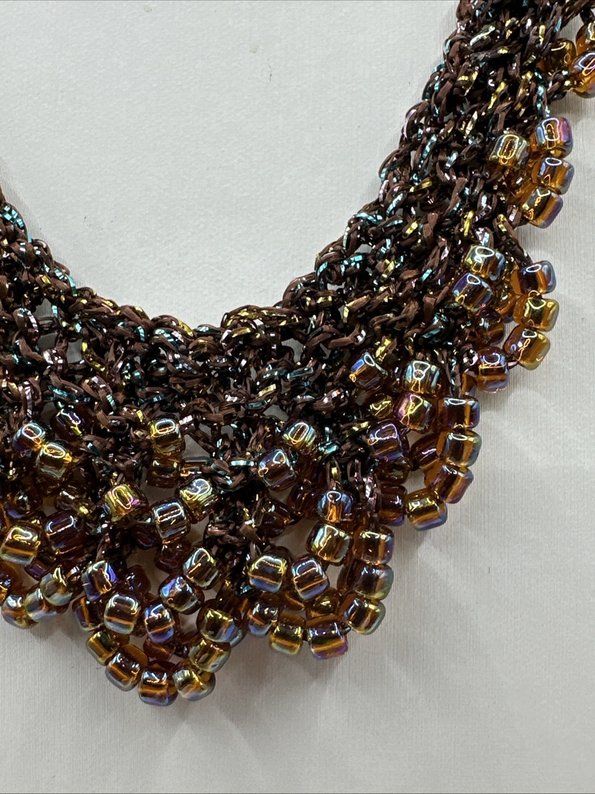Vintage Iridescent Bead Fringe Collar Bib Crochet Choker Necklace 18”