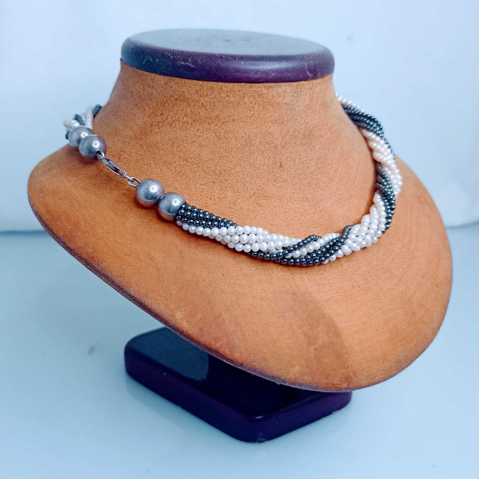 Vintage Pearl and Gray Hematite 8 Stranded Necklace with Sterling Silver Clasp