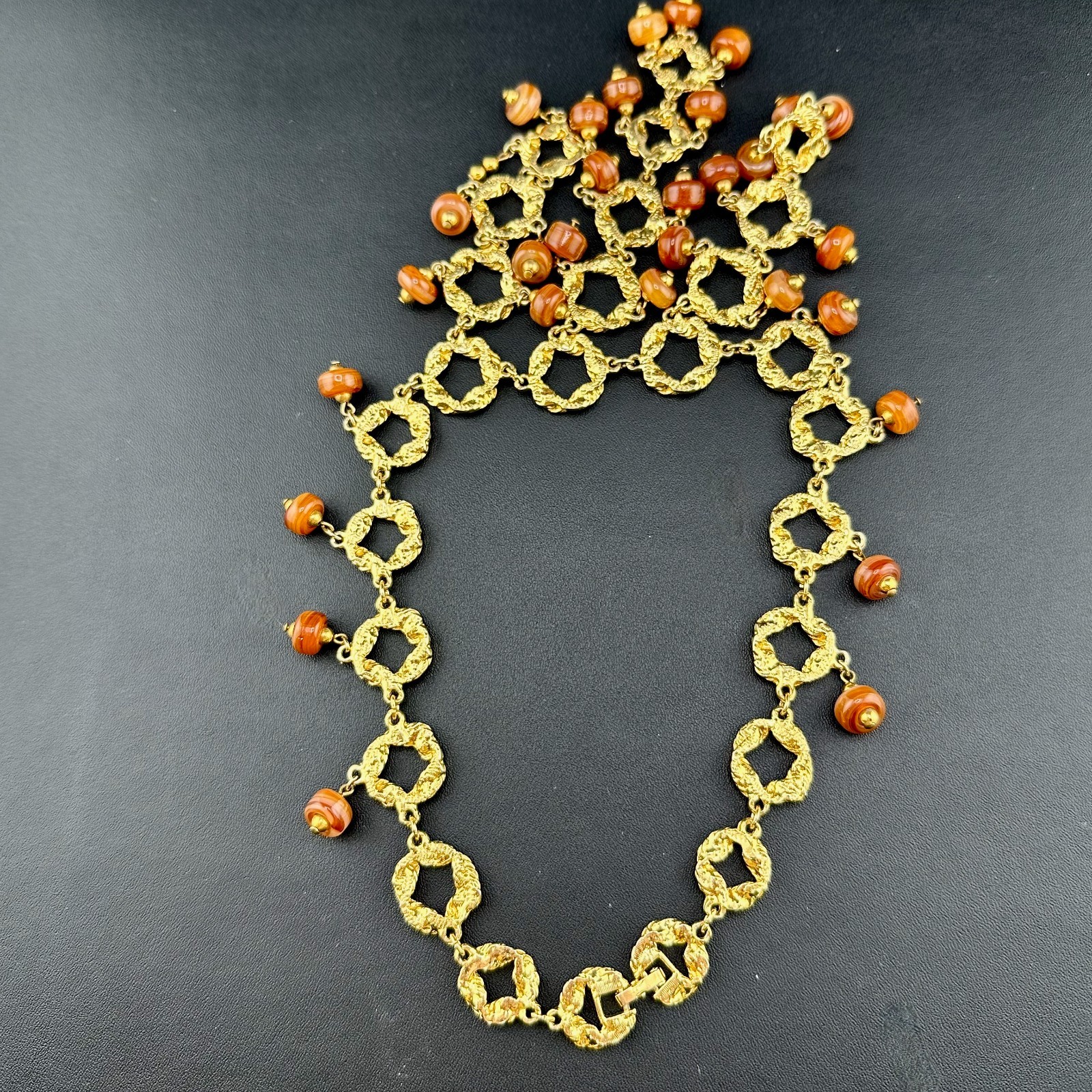 Vintage Statement Necklace Bib Fringe Hammered Gold Tone Link Agate Bead Dangles