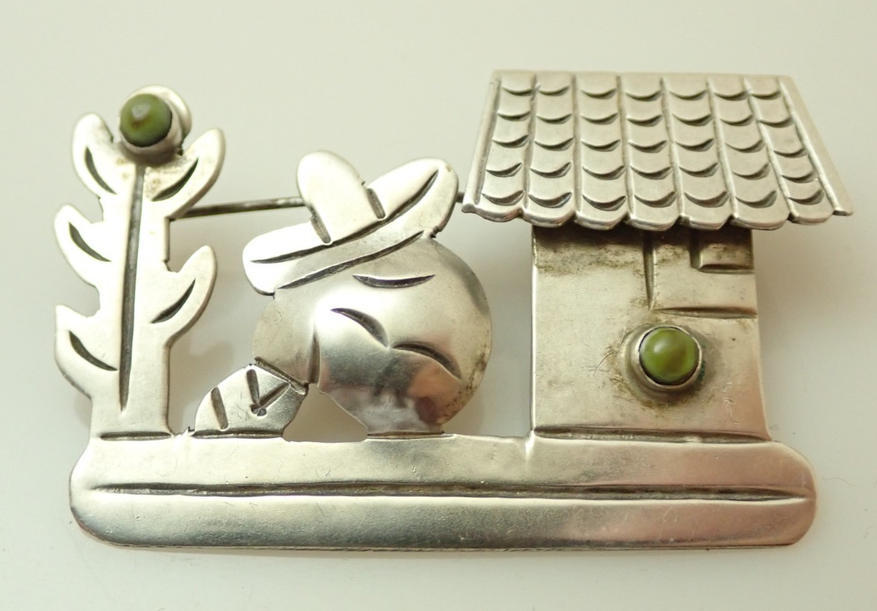 Vintage Mexico Silver Signed Green Turquoise Siesta Sombrero Man Brooch Pin
