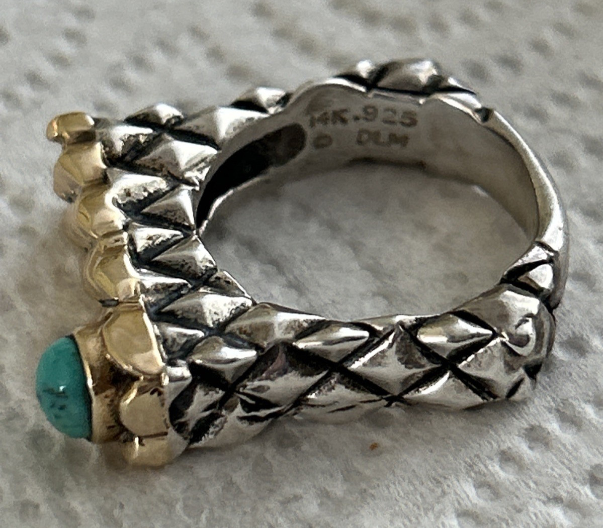 Vtg Dian Malouf Ring:Hallmarked DLM 14K Gold 925 Sterling Turquois Ring:Sz 10