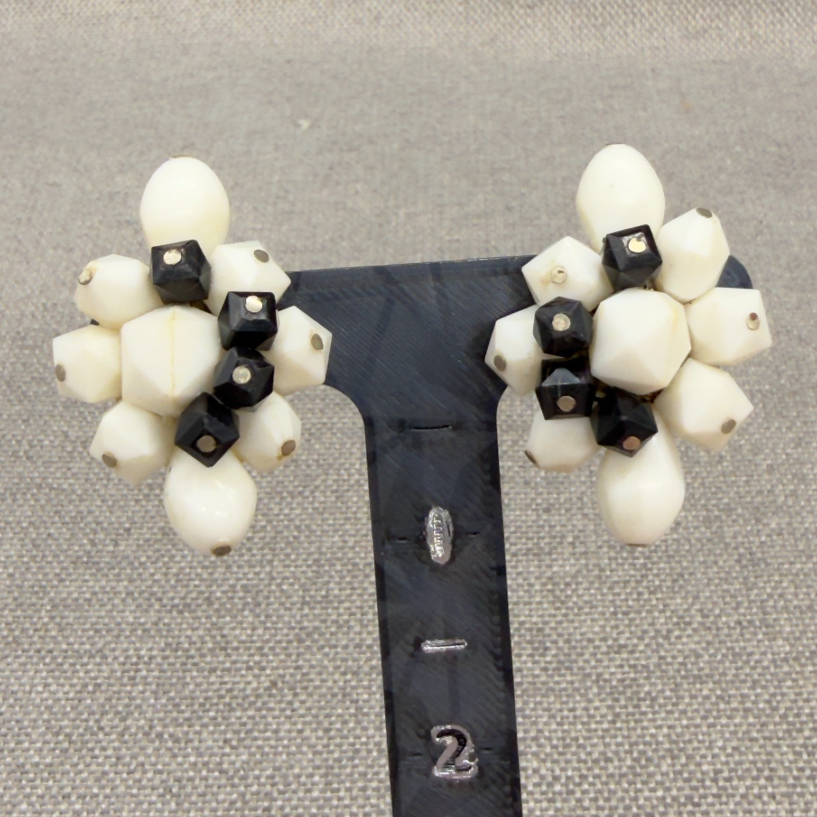 Vintage Acrylic Earrings Western Germany Black Cream Cluster Clip Ons