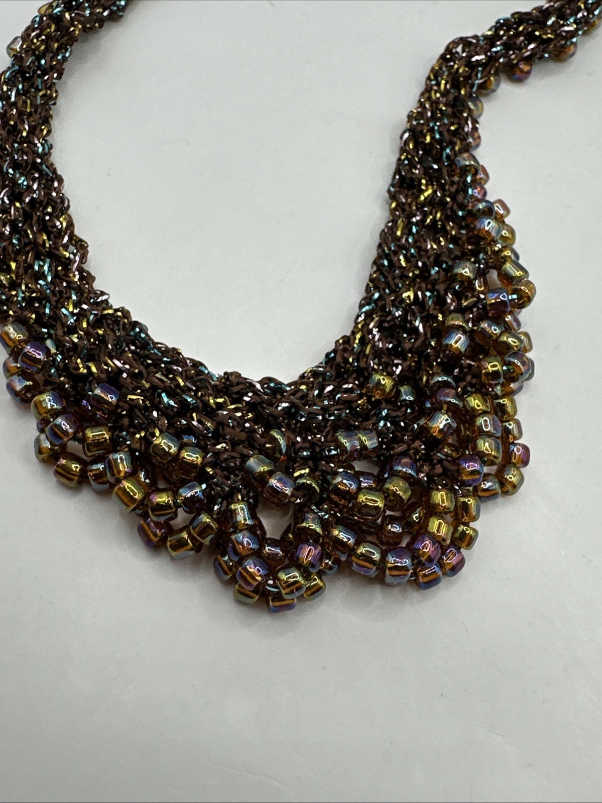 Vintage Iridescent Bead Fringe Collar Bib Crochet Choker Necklace 18”