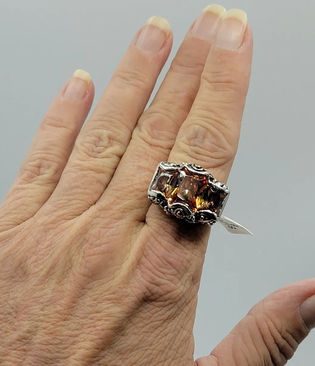 Vtg Ring Sz 10 Lg Big Topaz Citrine Cubic Zirconia Statement Fashion Jewelry