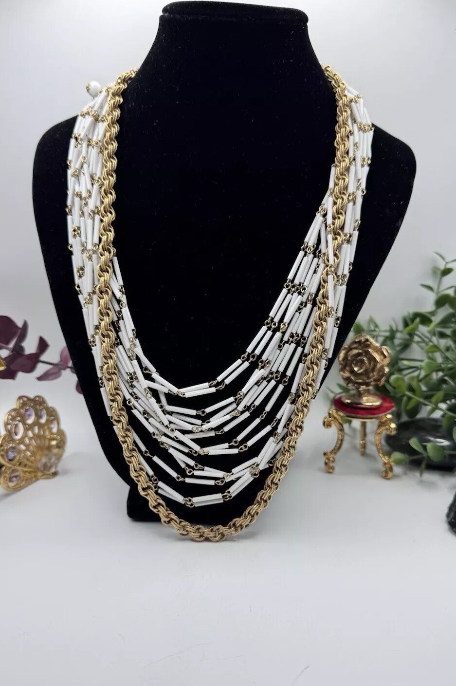 Gorgeous Vintage Necklace White Multi Strand Tube And Rope Chain Gold Tone