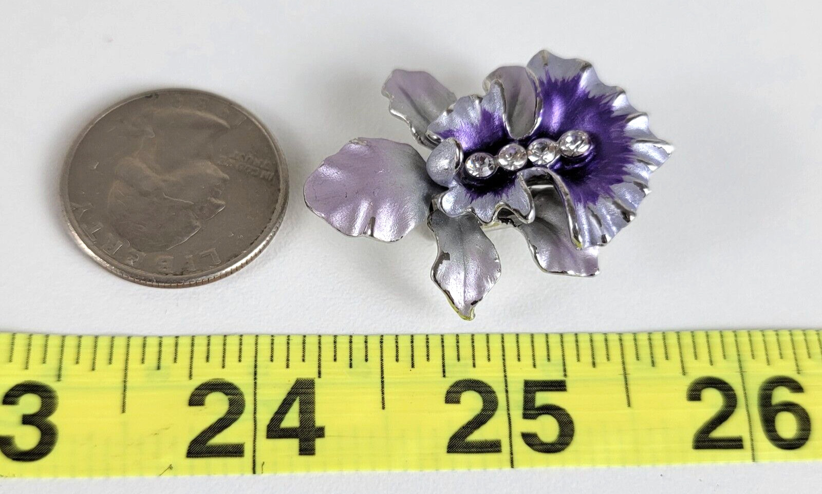 Vintage Purple Orchid Pendant With Clear Crystal 1.5 In Lariat