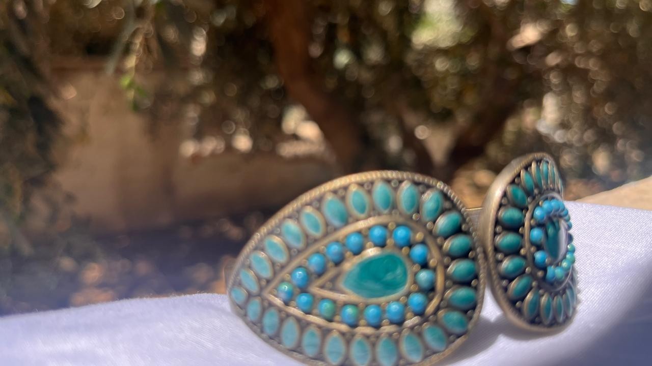 Vintage Antique Bronze Turquoise Faux Stone Statement Hinged Cuff Bracelet