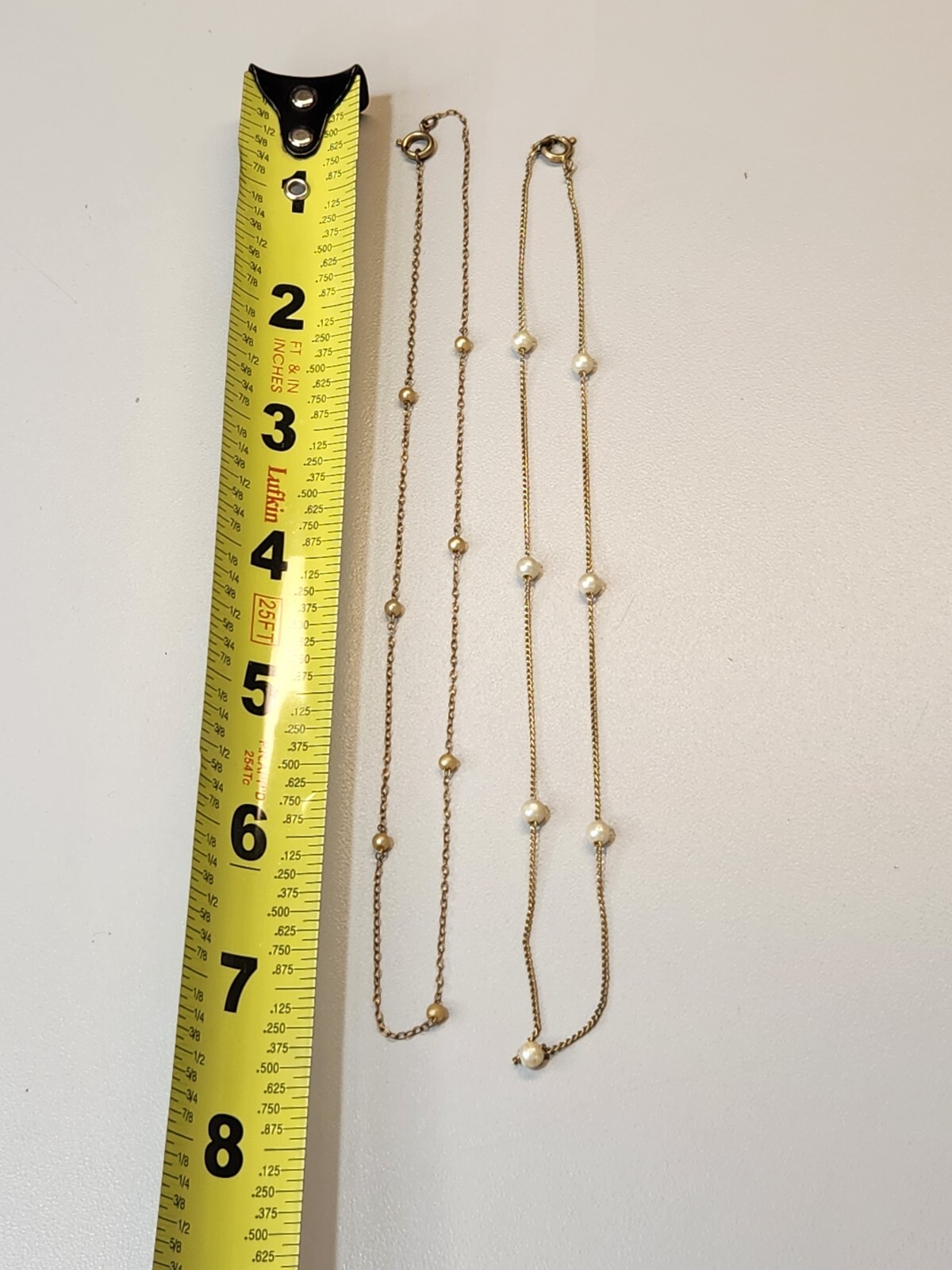 Lot of 2 Vintage Faux-Pearl Necklace Gold Tone Chain Spring Ring