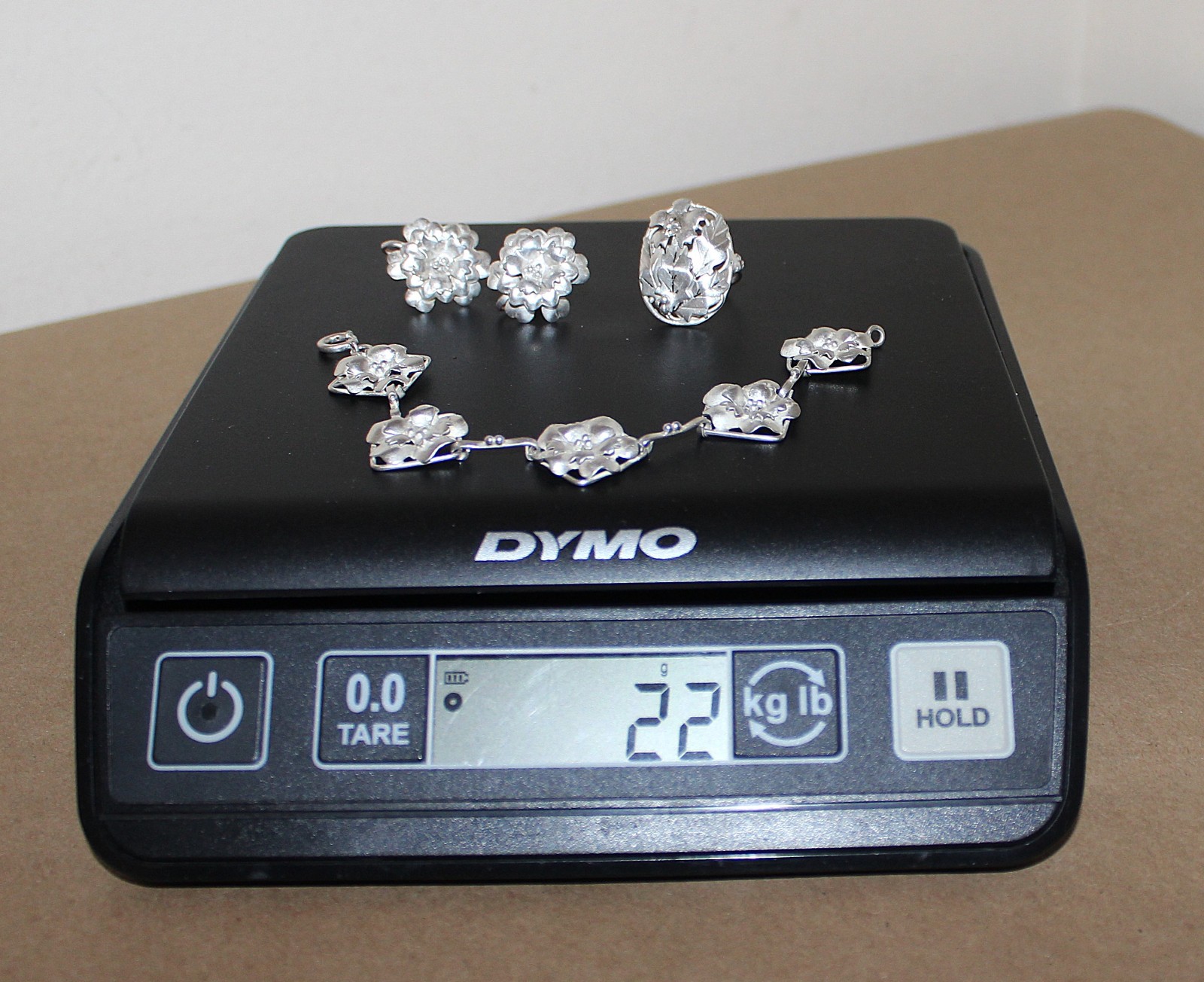 Vtg Sterling Silver Art Nouveau Floral Set Earrings clip-Bracelet 6.5″- Ring 5.5