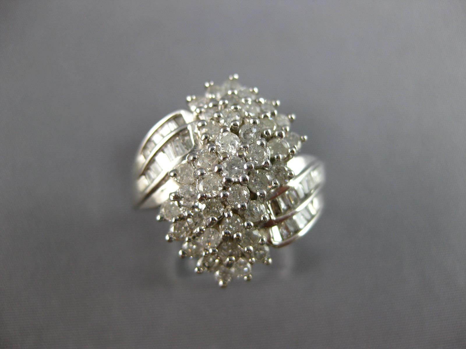LARGE 1.52CT DIAMOND 14KT WHITE GOLD 3D ROUND & BAGUETTE CLUSTER FLORAL FUN RING