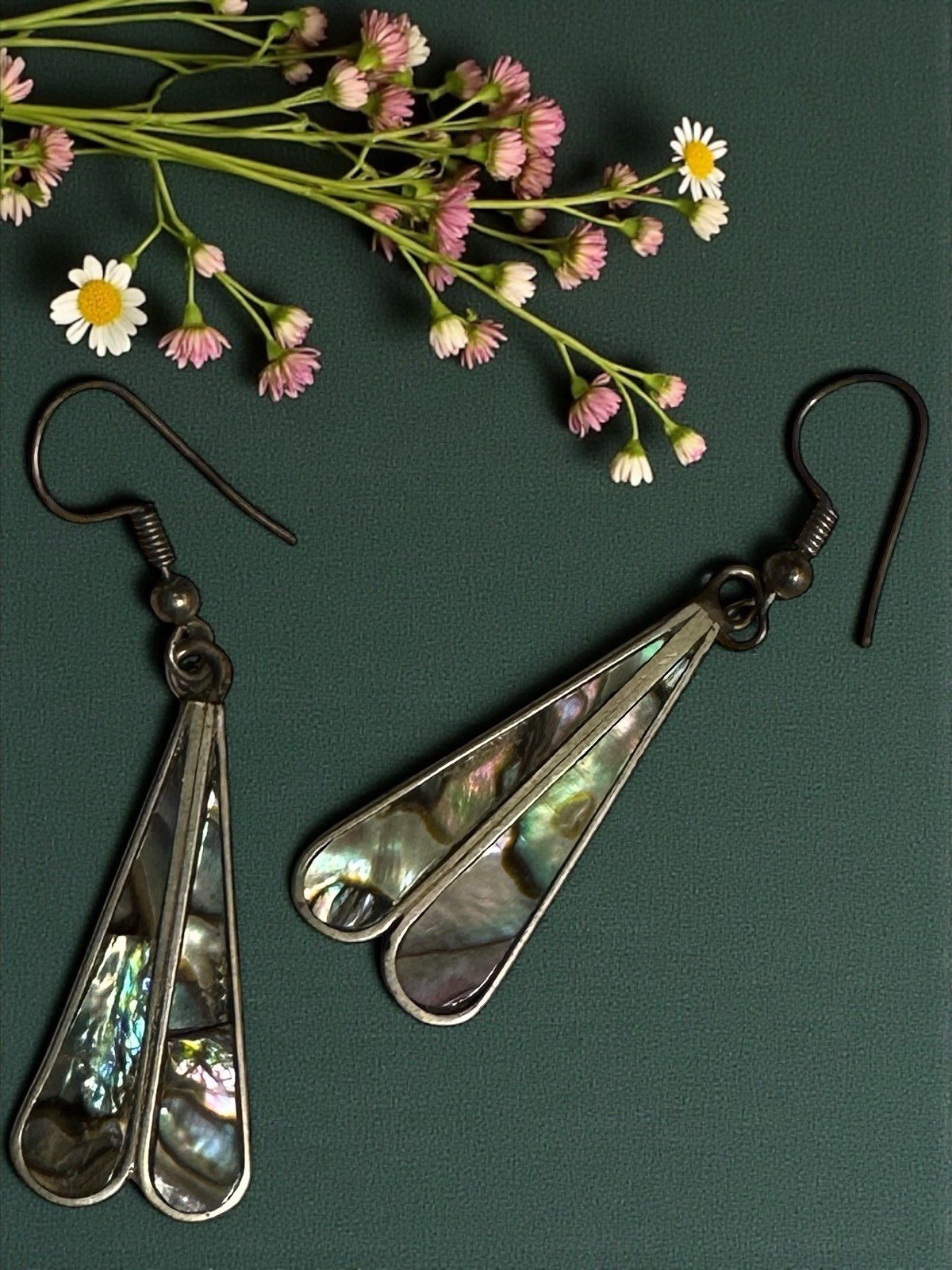 Vintage Alpaca Mexico Abalone Enamel Dangle Earrings Nickel Alloy