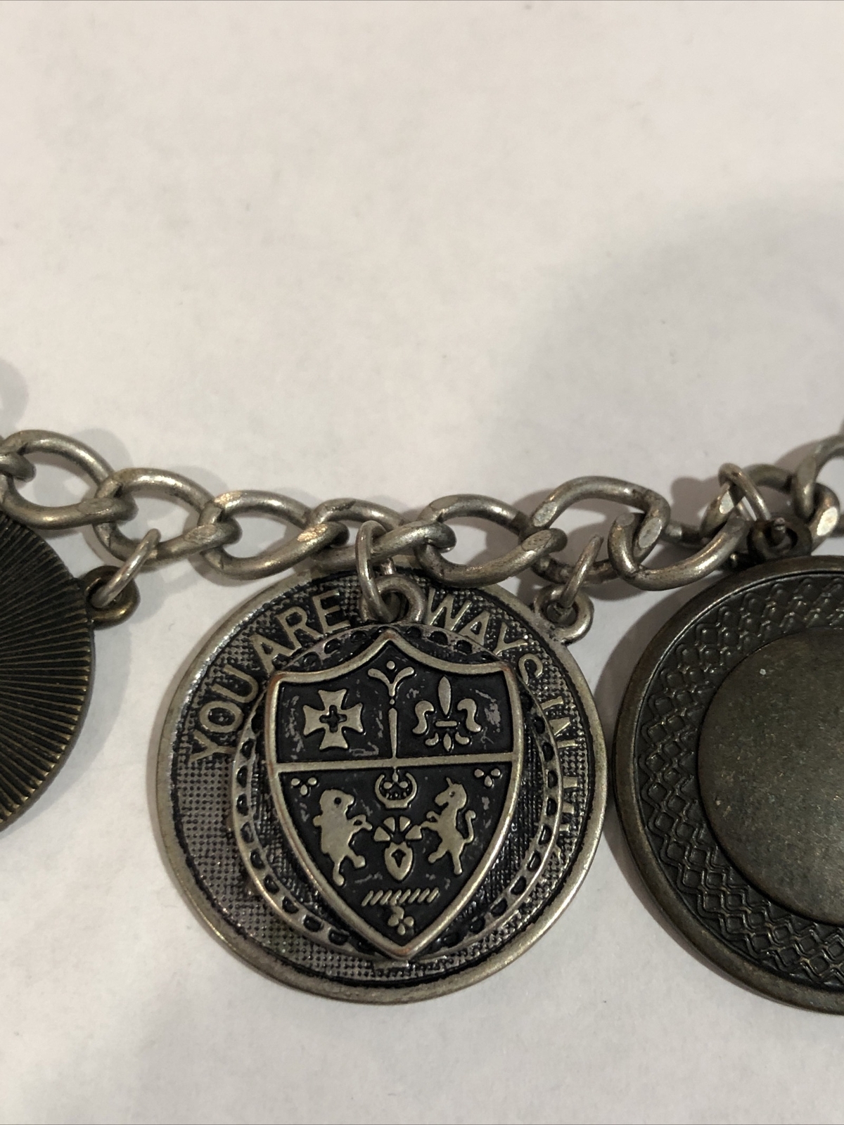 Mixed Metal Coin Chain Link Silver Tone Necklace French Oui Non Signed aeo