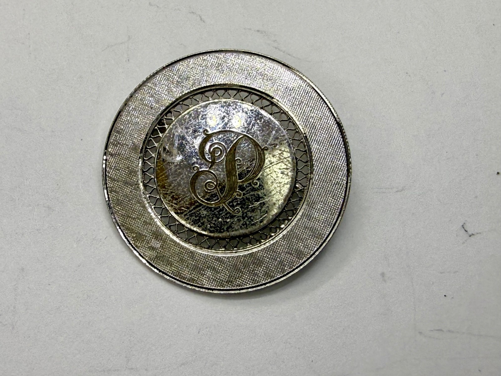 Initial Letter P ? Calligraphy On Vintage Sterling Silver Round Disc Brooch