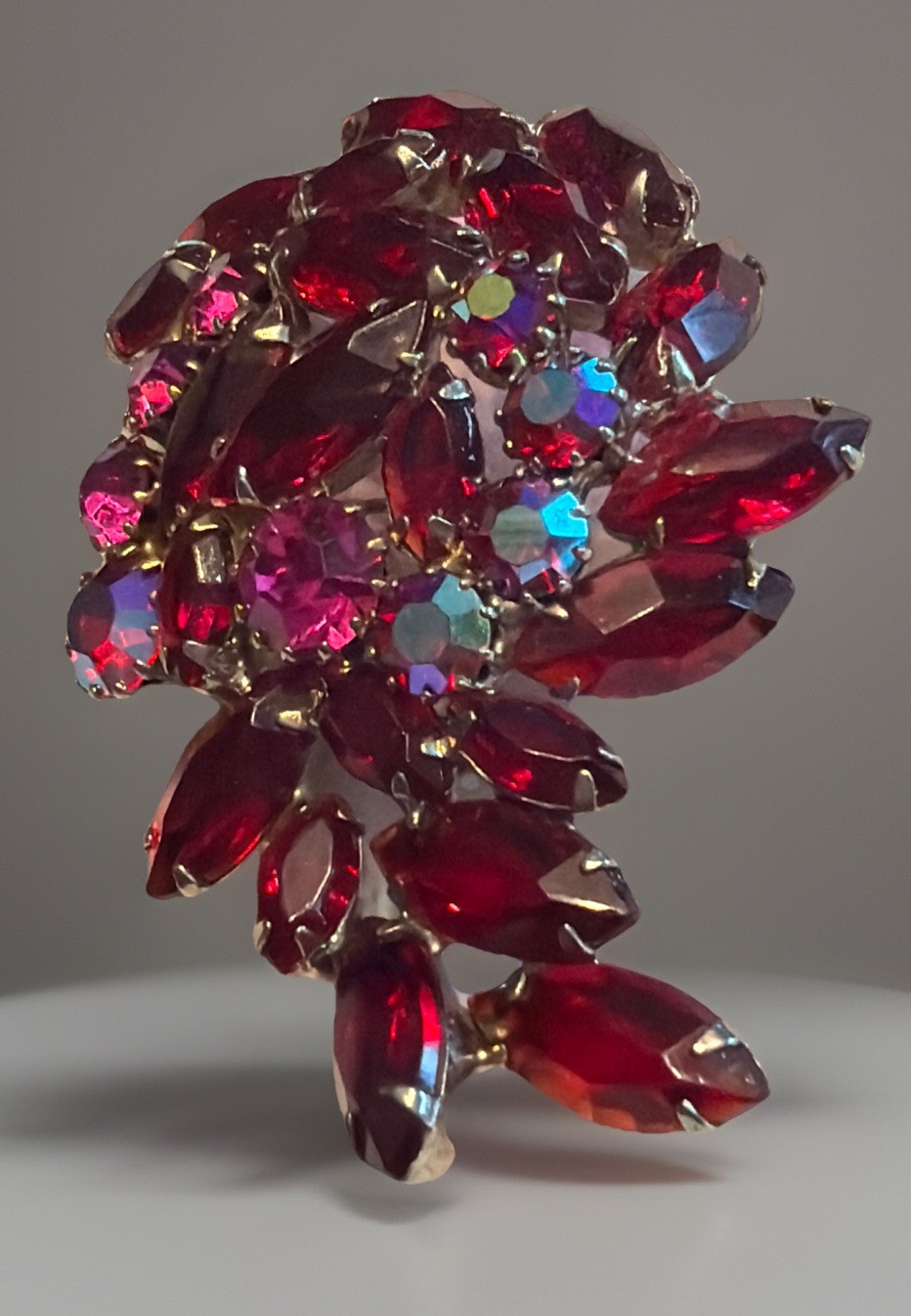 Stunning Vintage Juliana ? Flower Brooch Red Navettes AB Pink Rhinestones K15