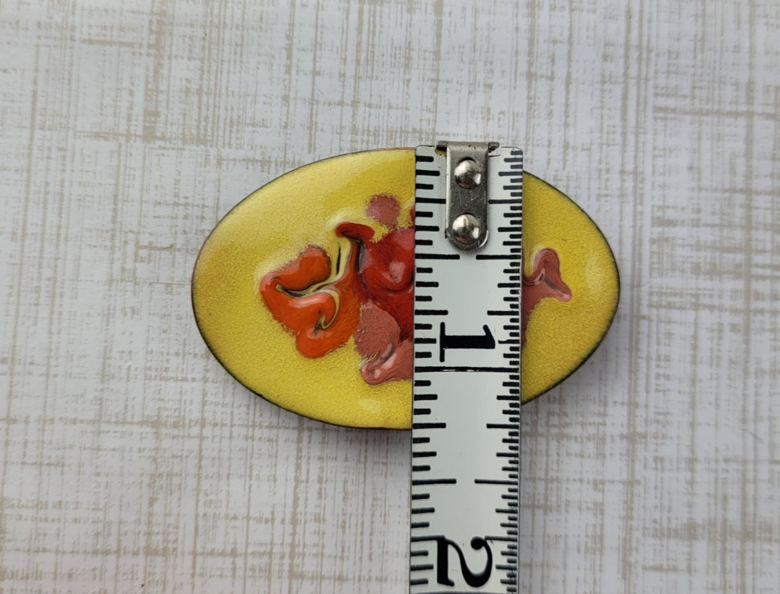 Vintage Copper Enamel Oval Brooch Fall Colors Yellow Orange Brown 2″