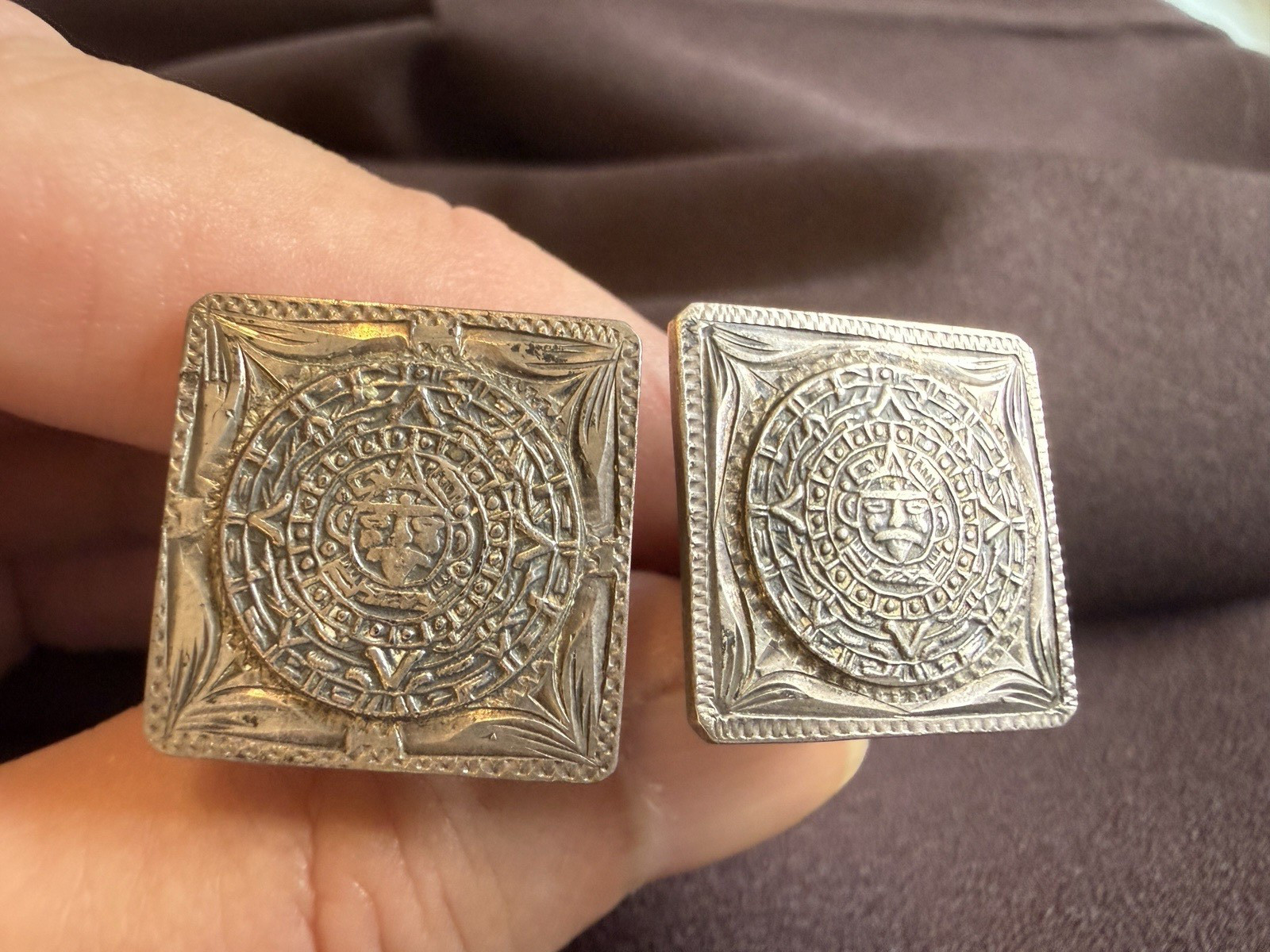 Vintage TAXCO MEXICO Sterling Silver AZTEC SUN CALENDAR Cufflinks 3/4″ EAGLE 18