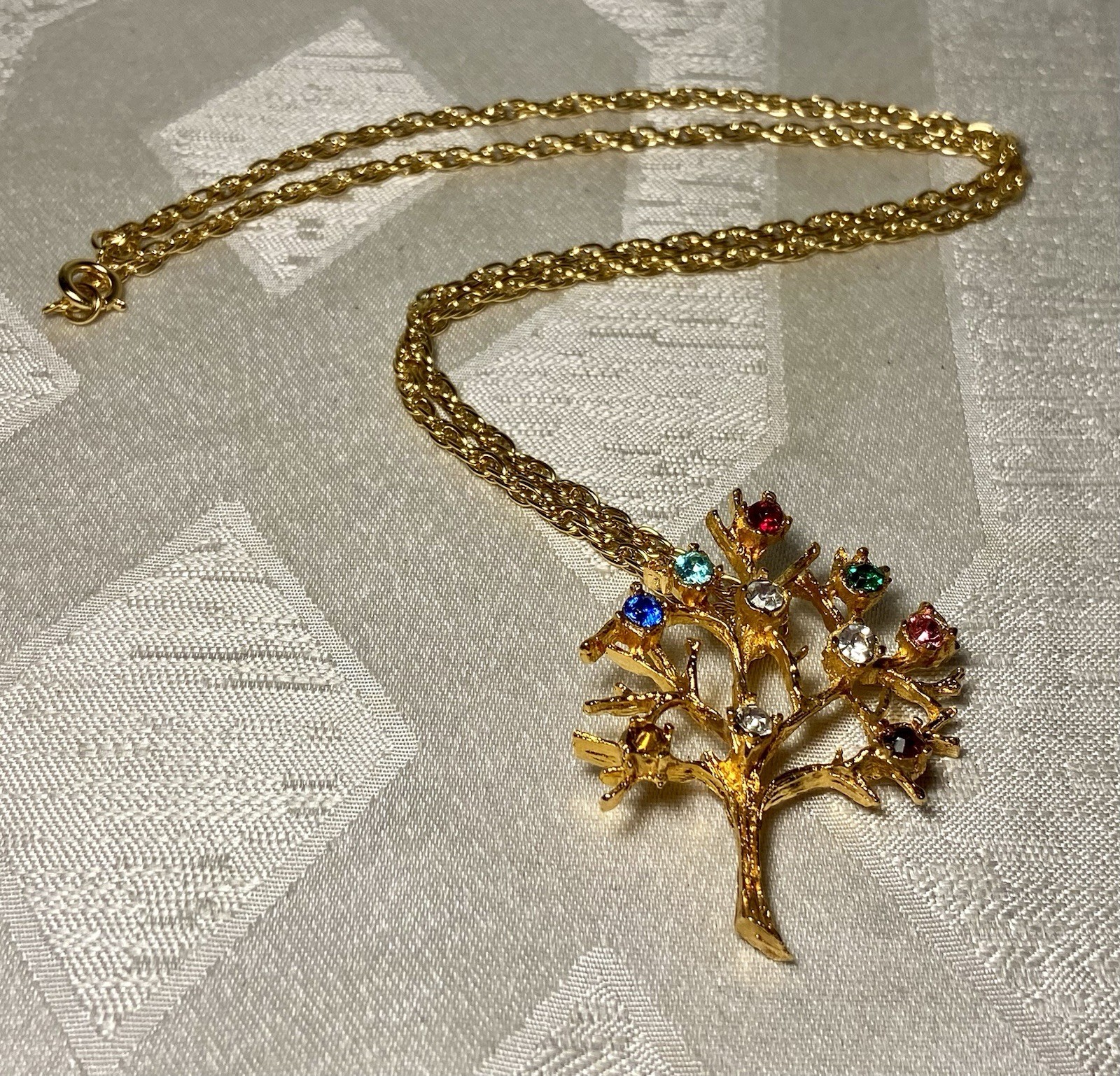 Vintage Regal Gems “Tree Of Life” Gold Tone Multicolor Rhinestone Necklace W/Box