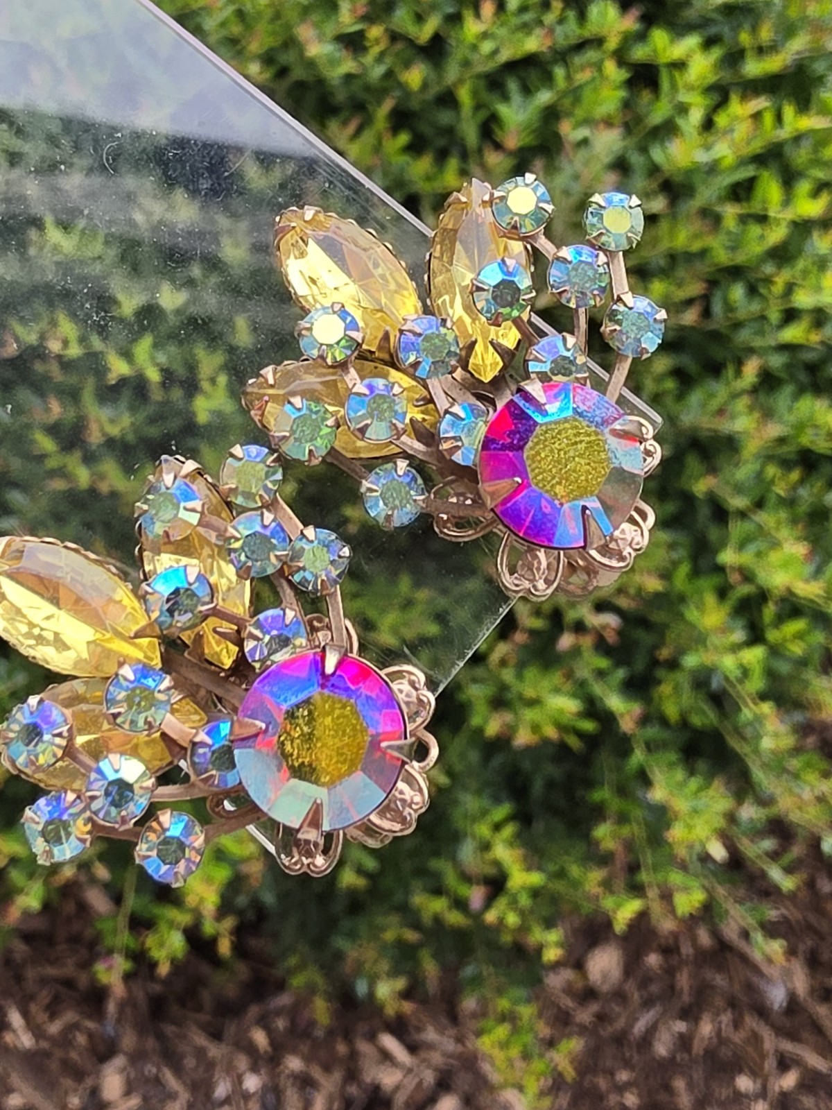 Vintage Multicolor AB Rhinestone Red Yellow Navette Floral Spray Clip Earrings