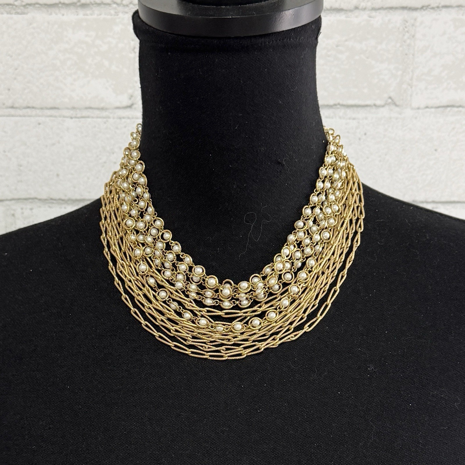 Vintage 60’s White Faux Pearl and Paper Clip Chain Gold Tone Layered Necklace