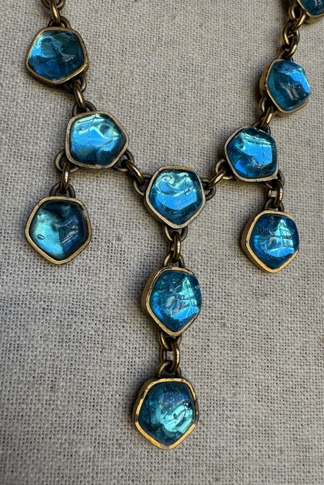 Vintage YSL Yves Saint Lauren Turquoise Blue Cabochon Chain Dangle Necklace 16”