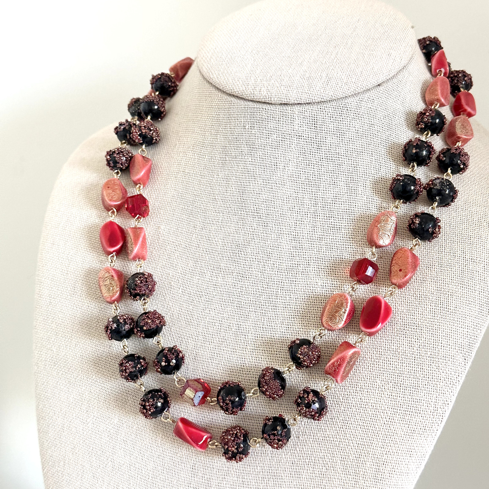 Vintage Red Crystal & Acrylic Beaded Double Row 2 Strand Adjustable Necklace