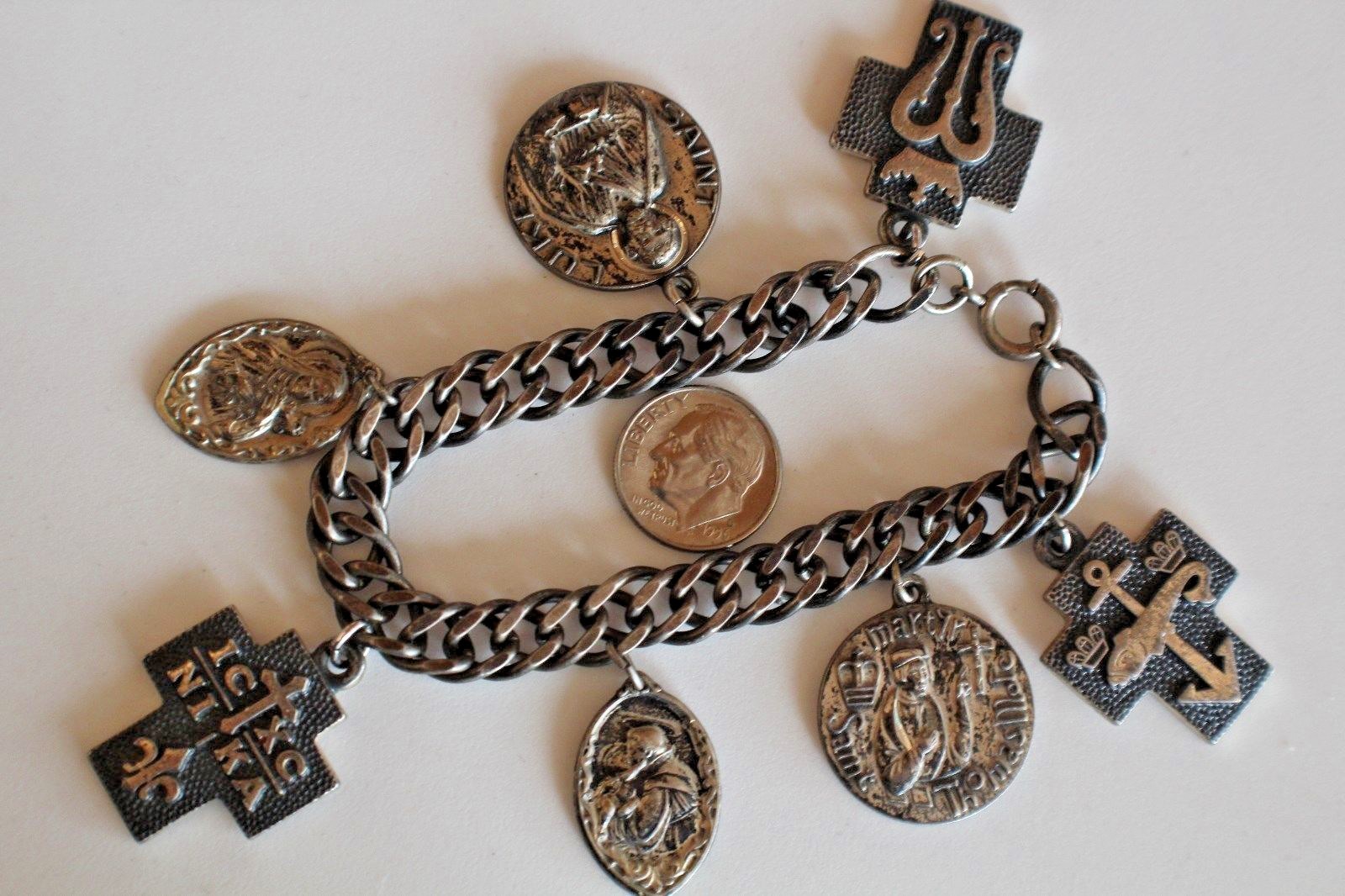 VINTAGE 925 RELIGIOUS 7 CHARM BRACELET 3 ARE CREED 5/16 X 7 1/4″, 63.2 GRAMS