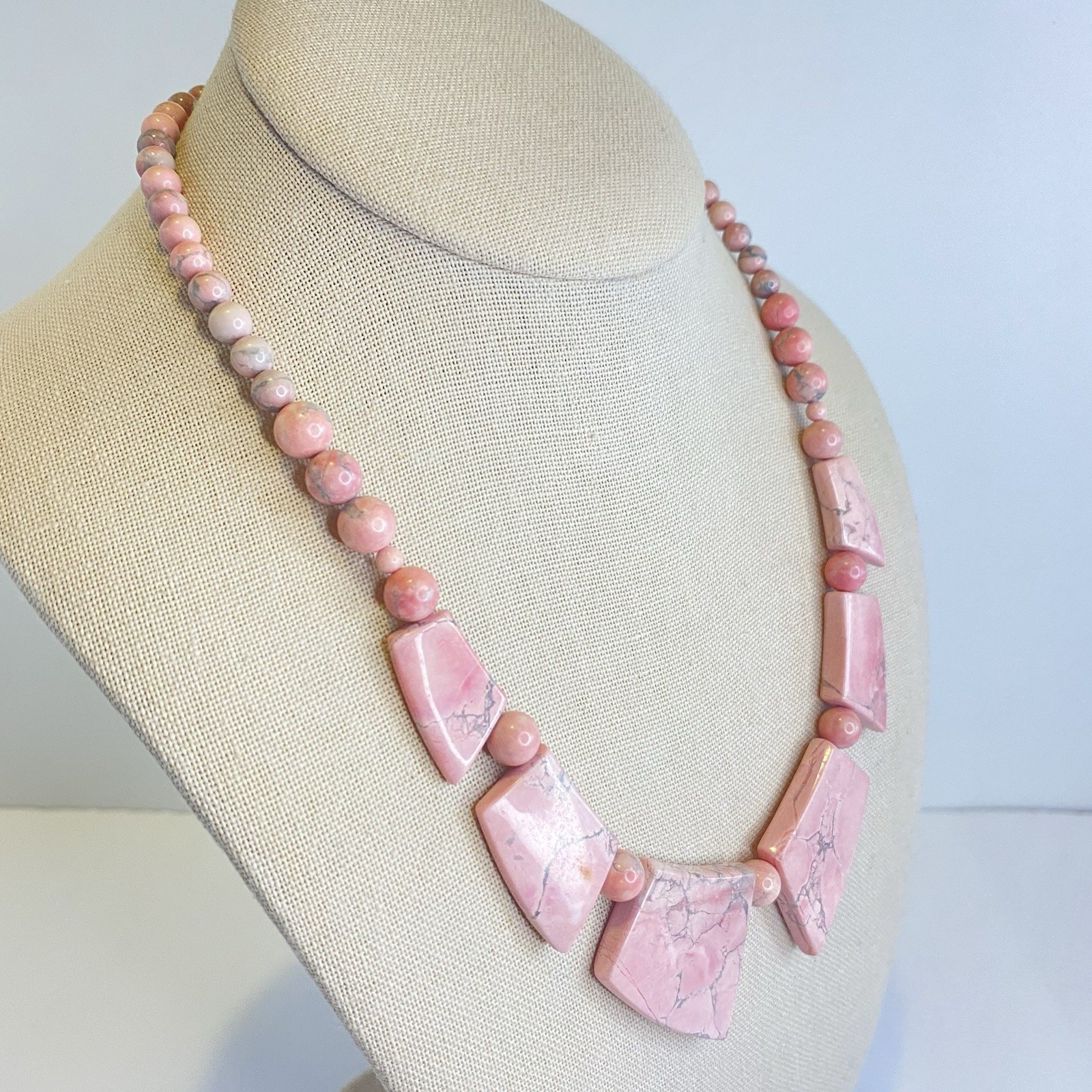 Vintage Pink Stone Necklace Natural Beaded Handmade Statement Artisan Rhodonite?