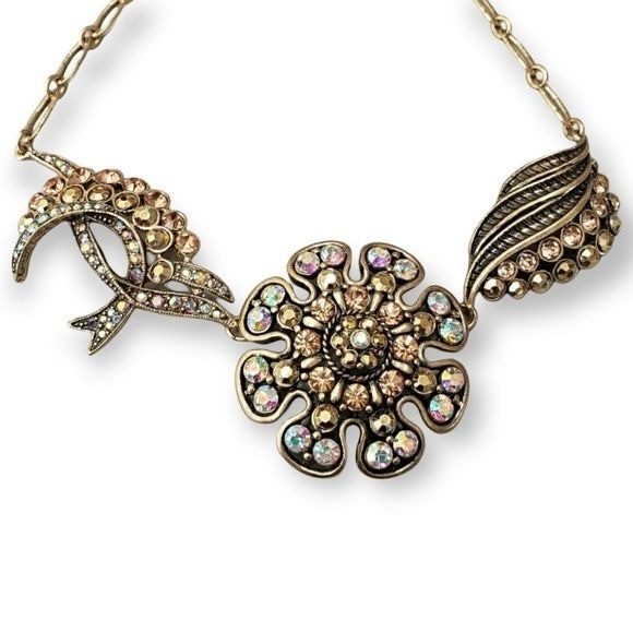 Vintage Allison Reed Gold Silver Filigree Statement Necklace Crystal Accents