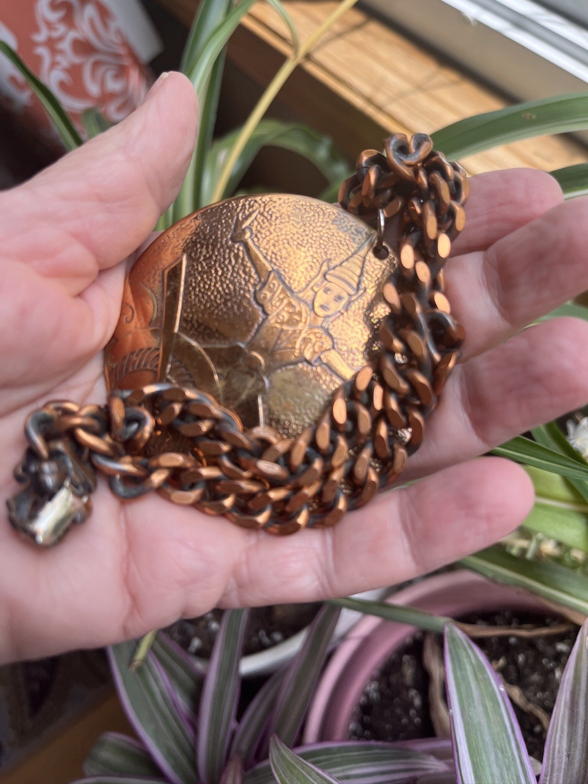 Vtg Copper Tone Pendant Medallion Shiva Siam Dancer Warrior Goddess Necklace