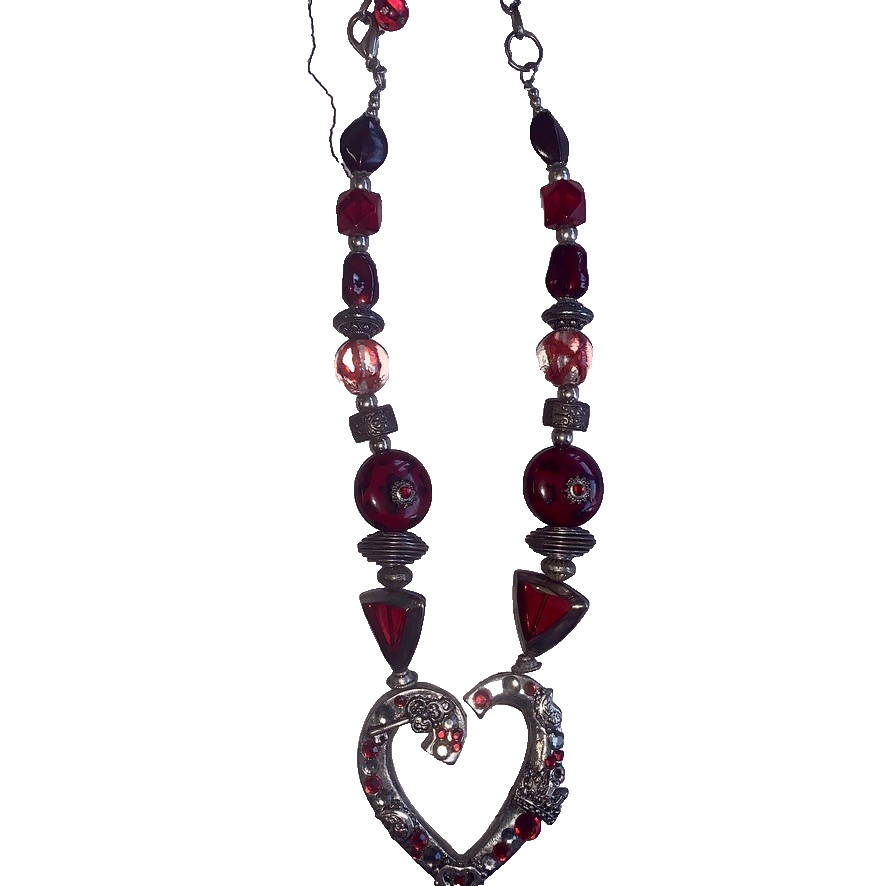 Red Beaded Heart Necklace Vintage Valentines Chunky 1980s 1990s Statement Piece