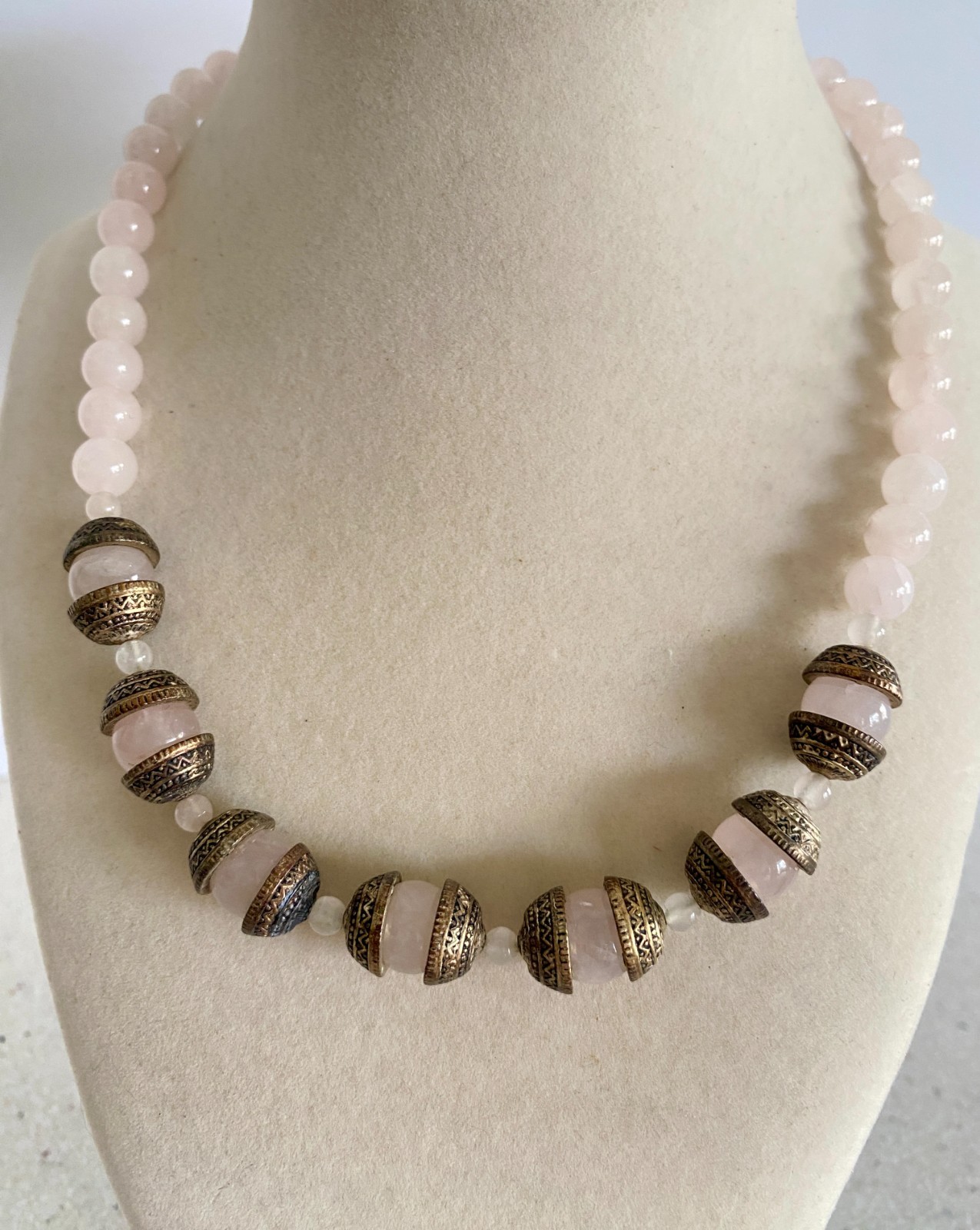 Vintage Estate Rose Quartz Beaded Necklace with Detailed Bronze Tone Spacers