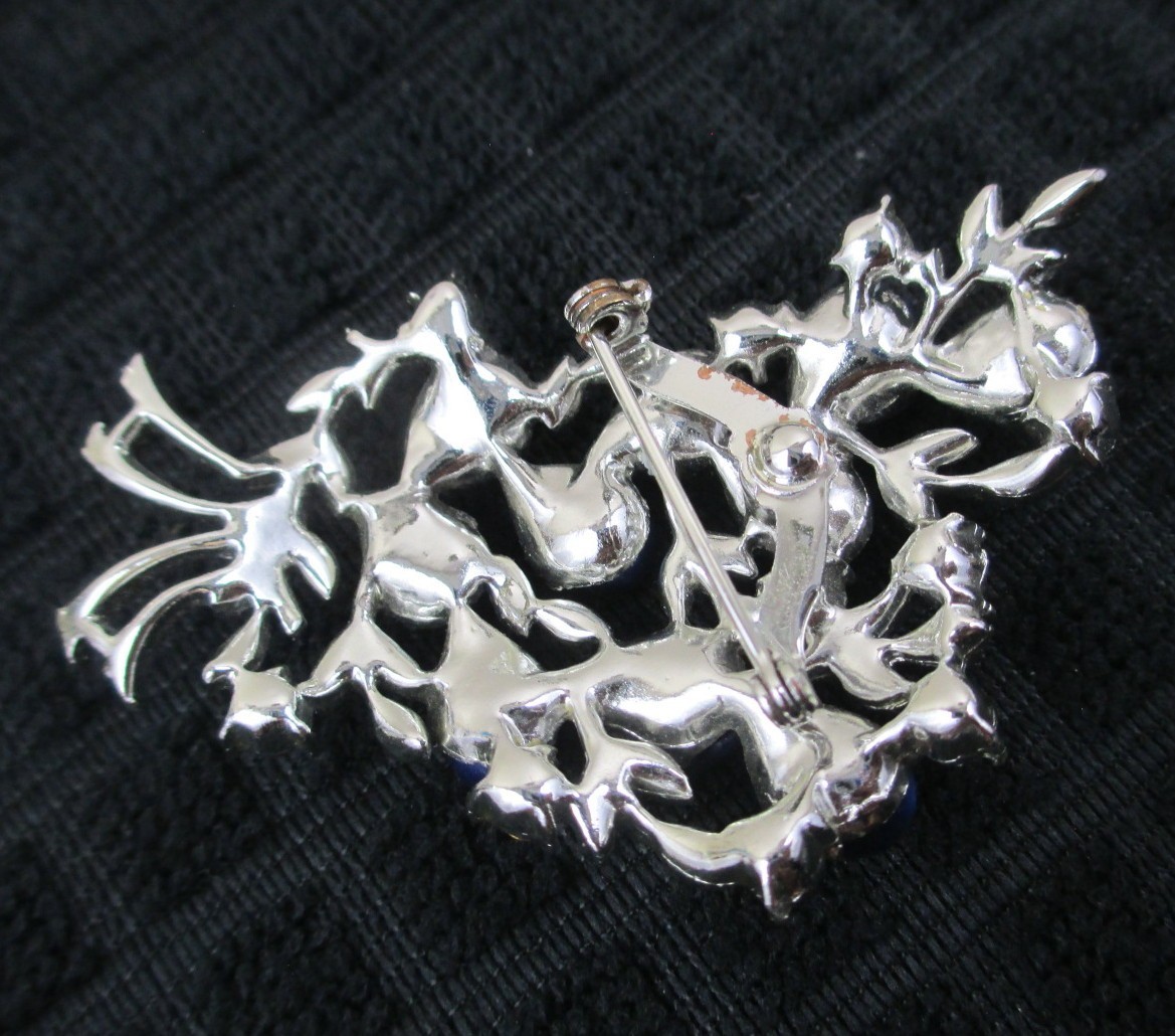 Vintage Floral Berries Bouquet Blue Moonglow Brooch Silver Cabochon Rhinestone