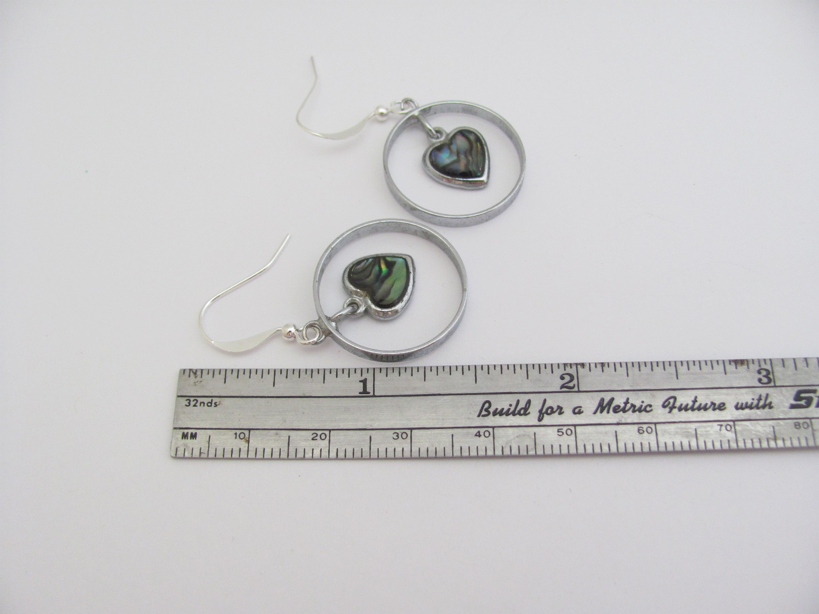 Vintage Heart Earrings Abalone Paua Shell Hoops Silver Plate Boho Love Jewelry