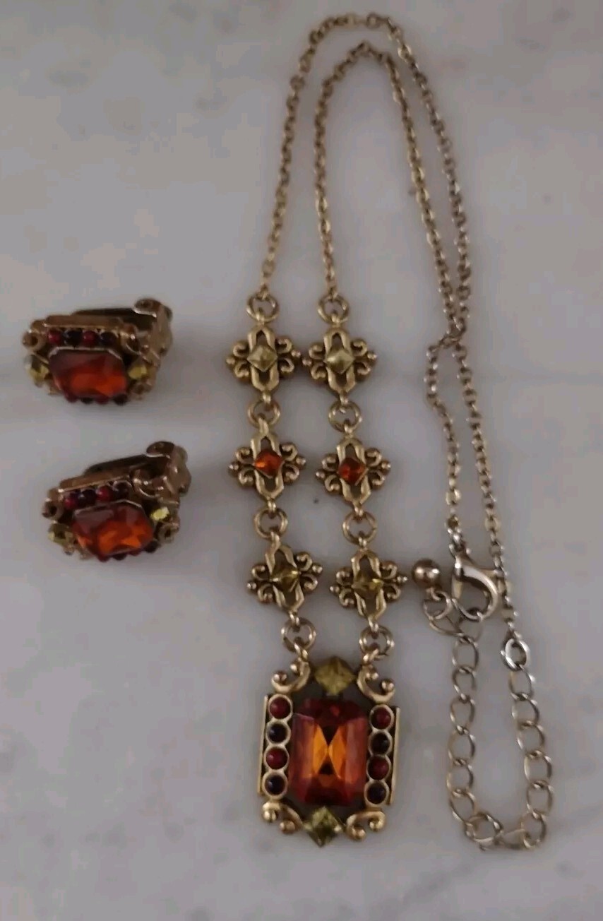 Vintage Necklace And Clip Earrings Set Honey Amber Colored Stones Rhinestones