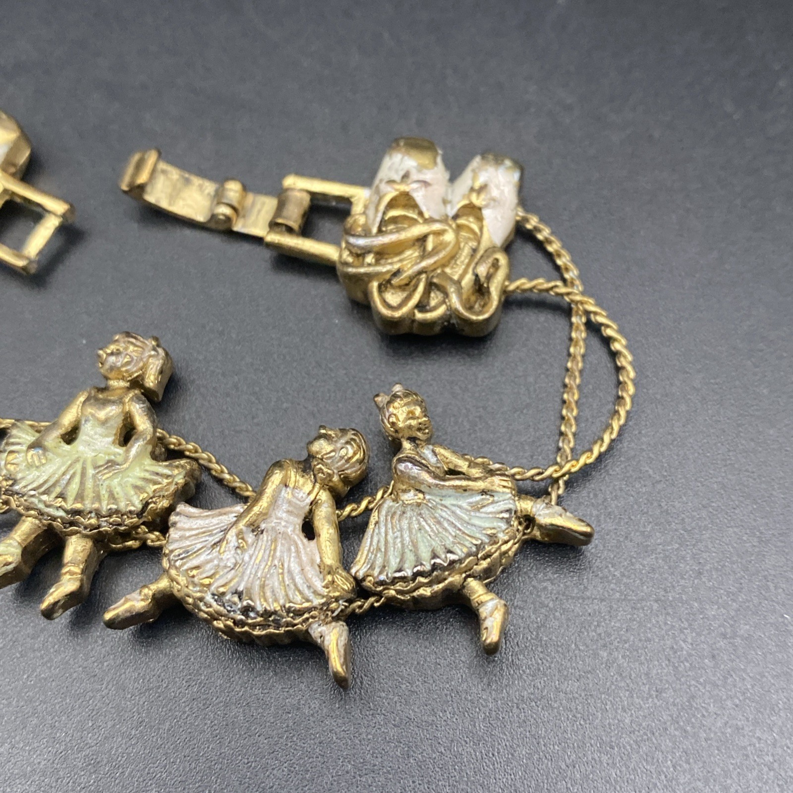 Vtg Ballerina Slide Charm Bracelet Ballet Dance Slippers Silver Wash Gold Tone