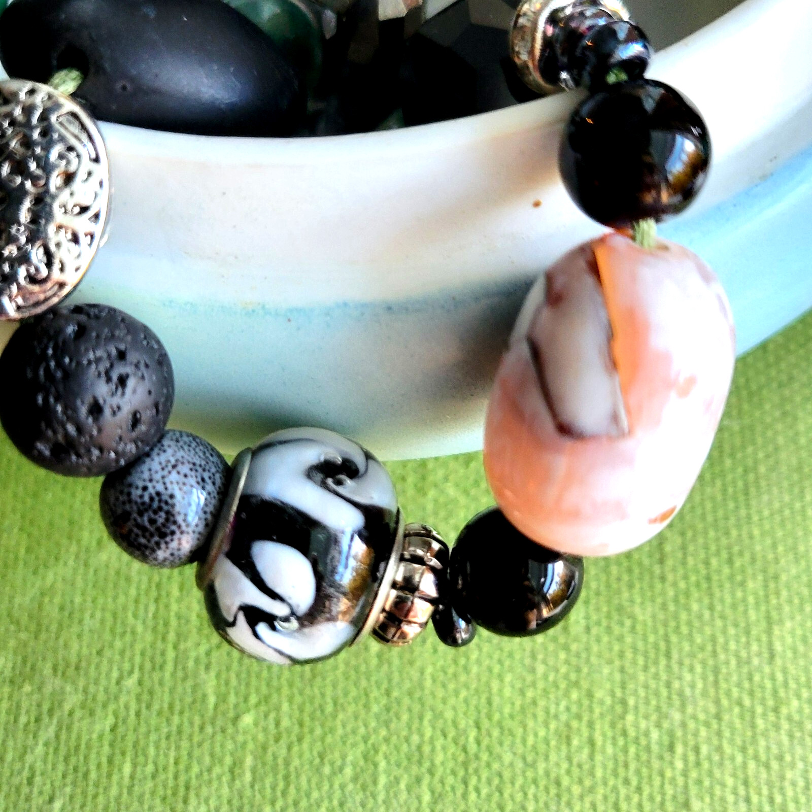 30″ necklace, rich green jadeite, black lava stone, lamp work, agate, silver.