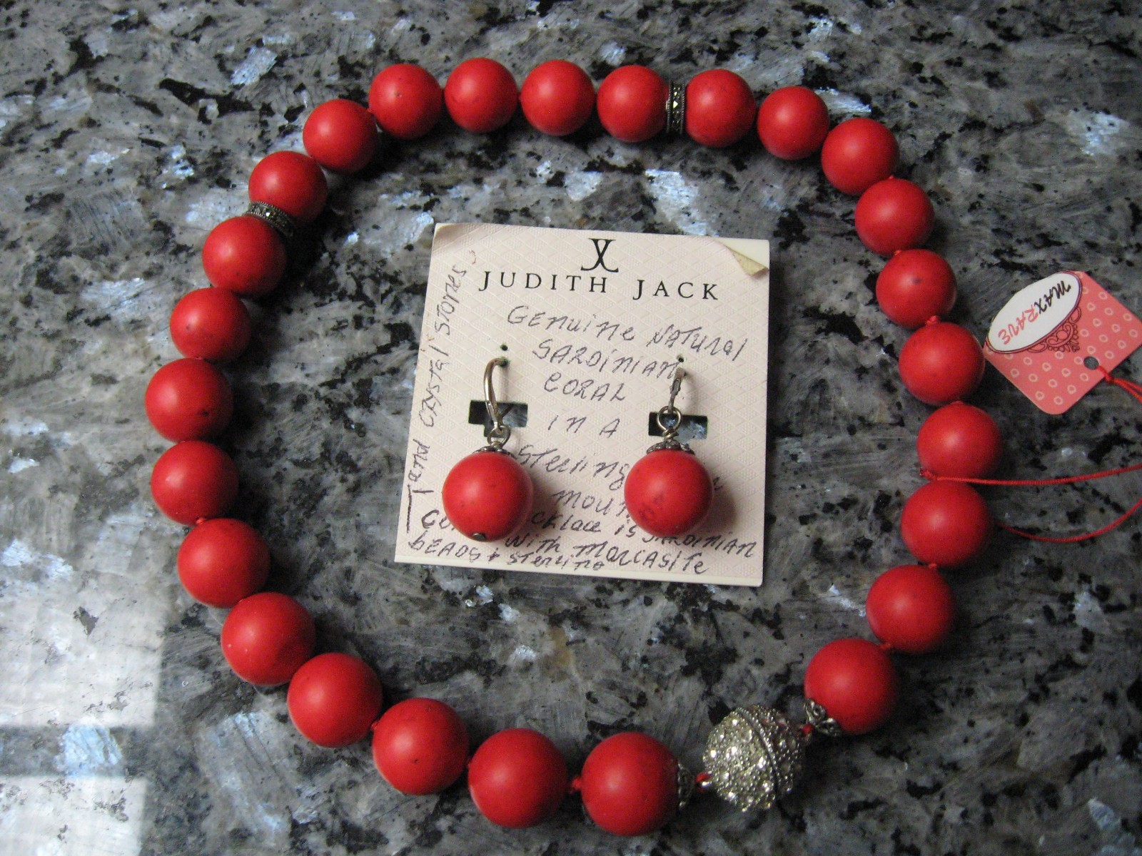 JUDITH JACK NEW NATURAL SARDINIAN 5/8″CORAL/STERLING/MARCASITE NECKLACE/EARRINGS