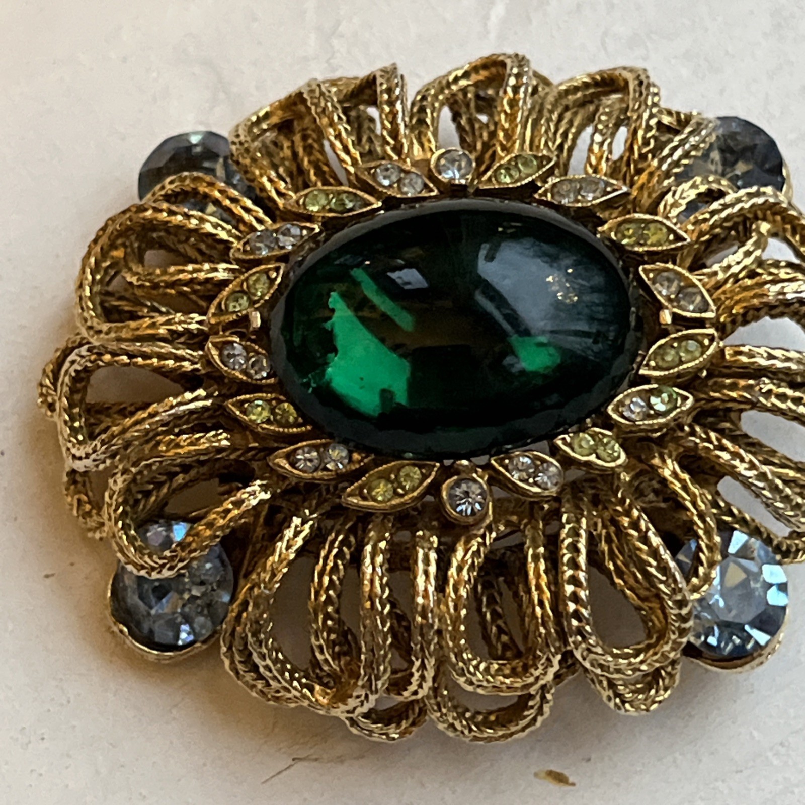 Vintage Capri Green Gripoix Glass Cabochon Blue Green Rhinestone Ornate Brooch