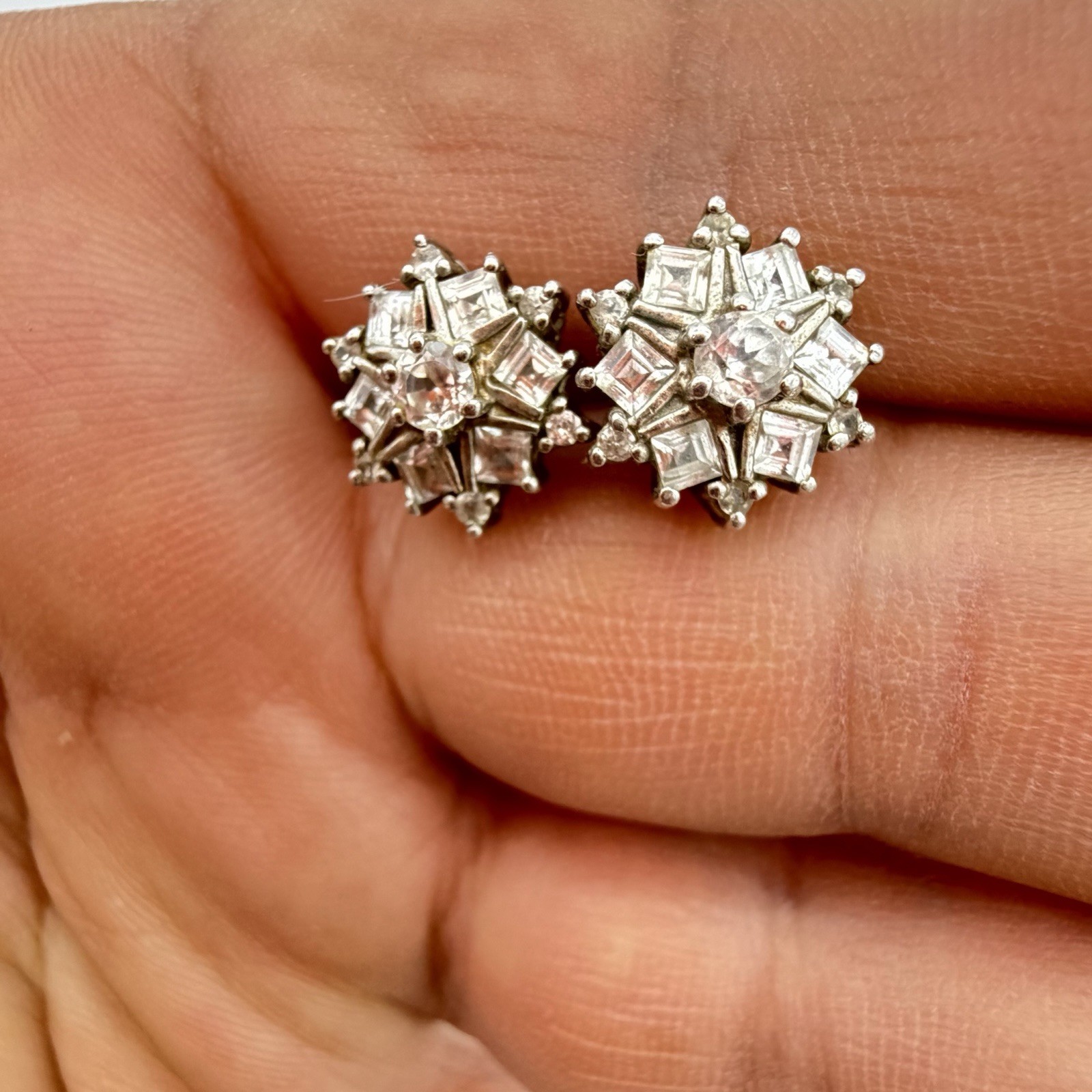 Vtg HSN Sterling Silver White Topaz Earrings Bezel Set Snowflake Starburst STS