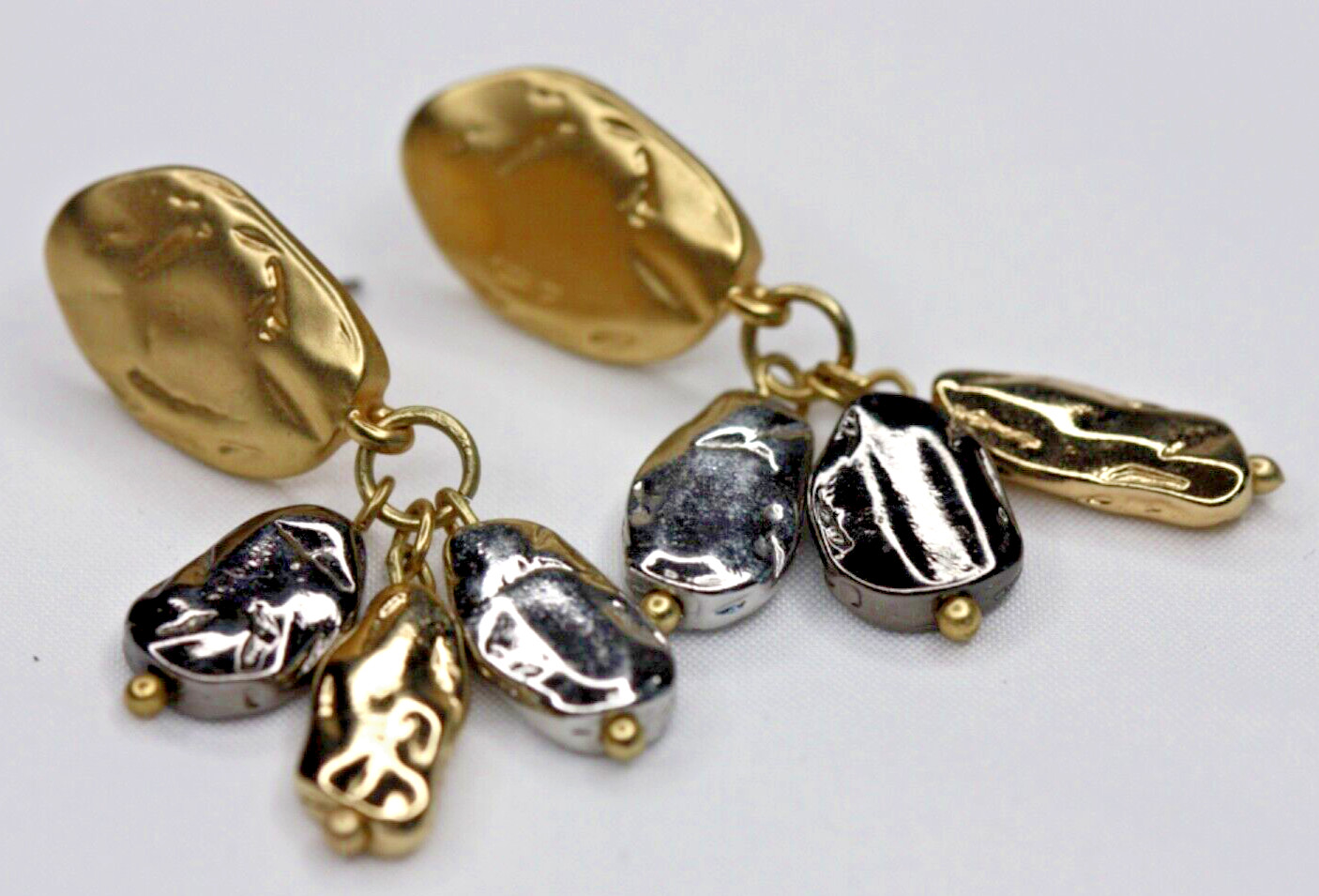 Hammered Tri-Tone Gold Silver Hematite Dangle Drop Beaded Pierced Post Earrings