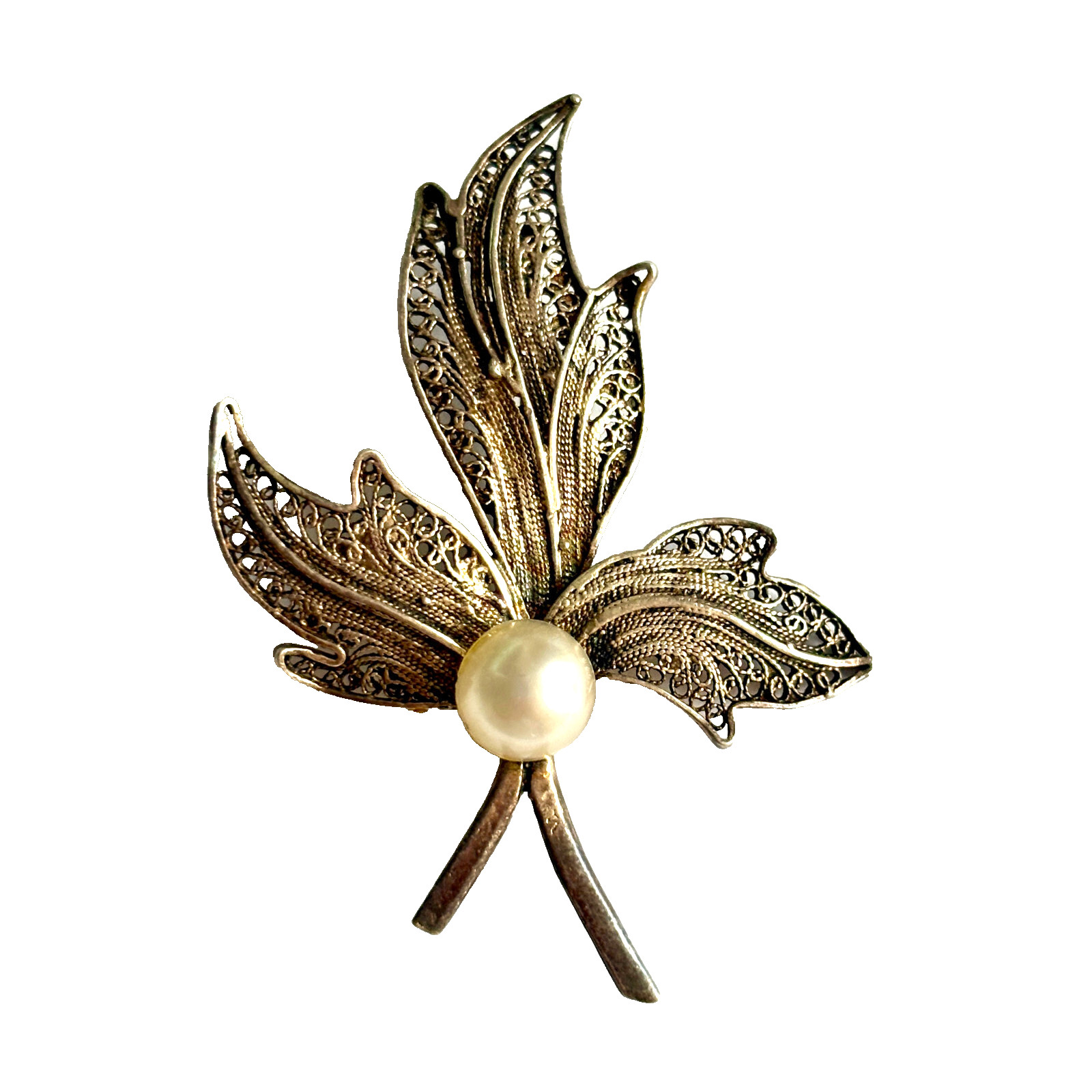 Antique Cannetille Sterling Silver Brooch Faux Pearl Leaf Filigree Pin