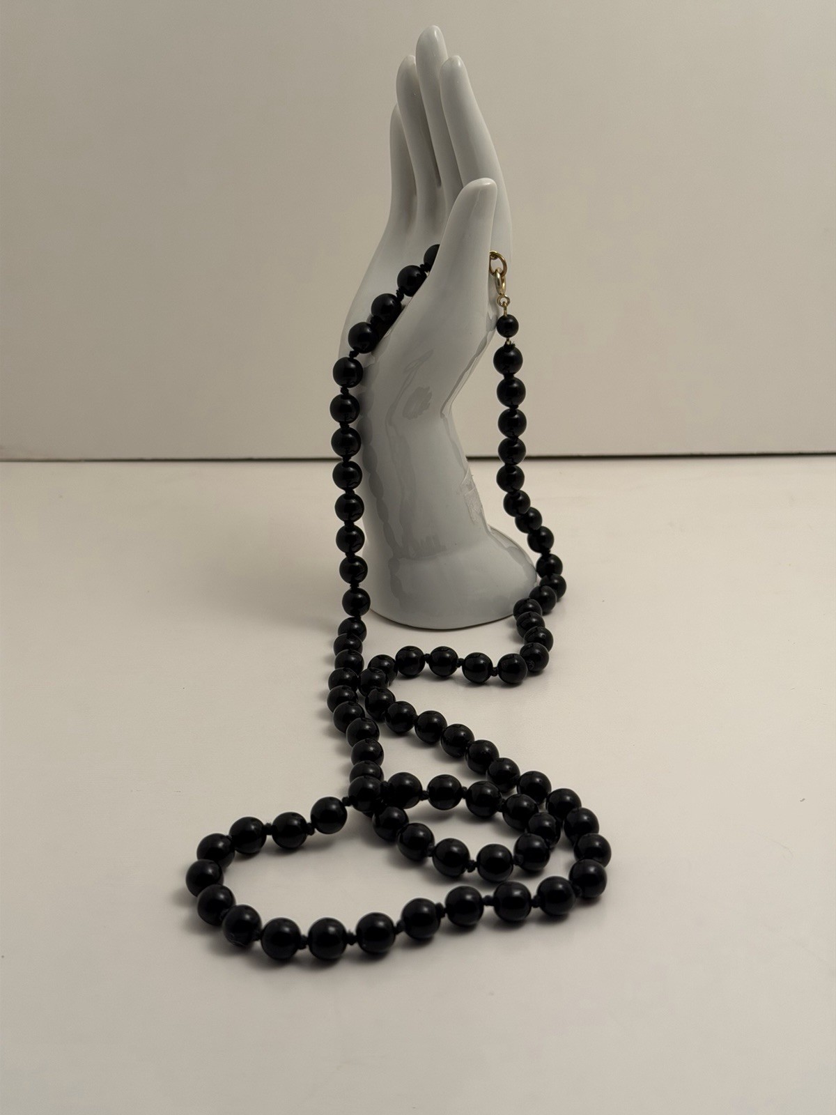 Vintage Round Polished Black Glass 1cm Beads 28” Necklace Hand-Knotted 126.7g