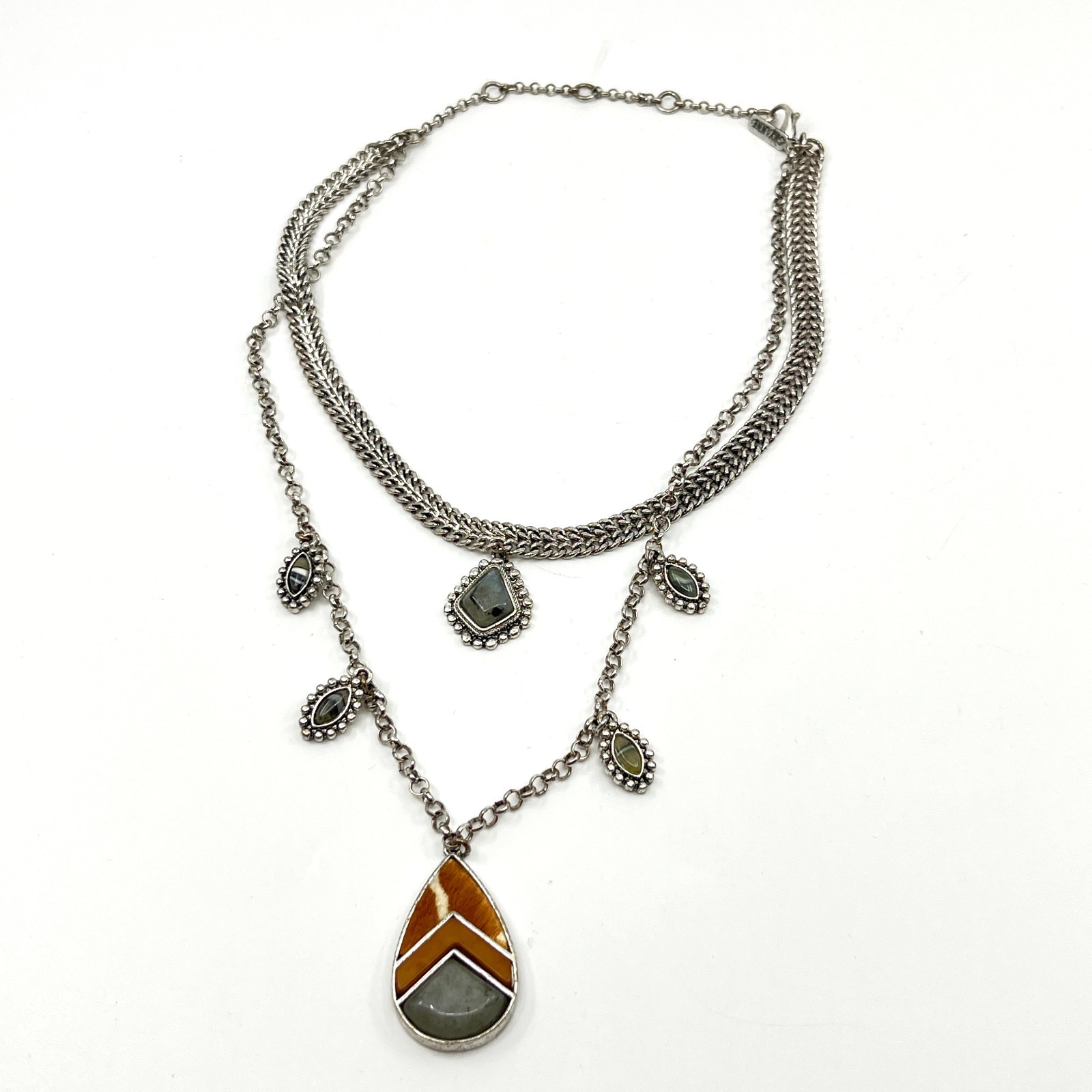 VTG Shyanne Southwest Boho Silver Tone Multi-Layer Mixed Stone Faux Fur Necklace