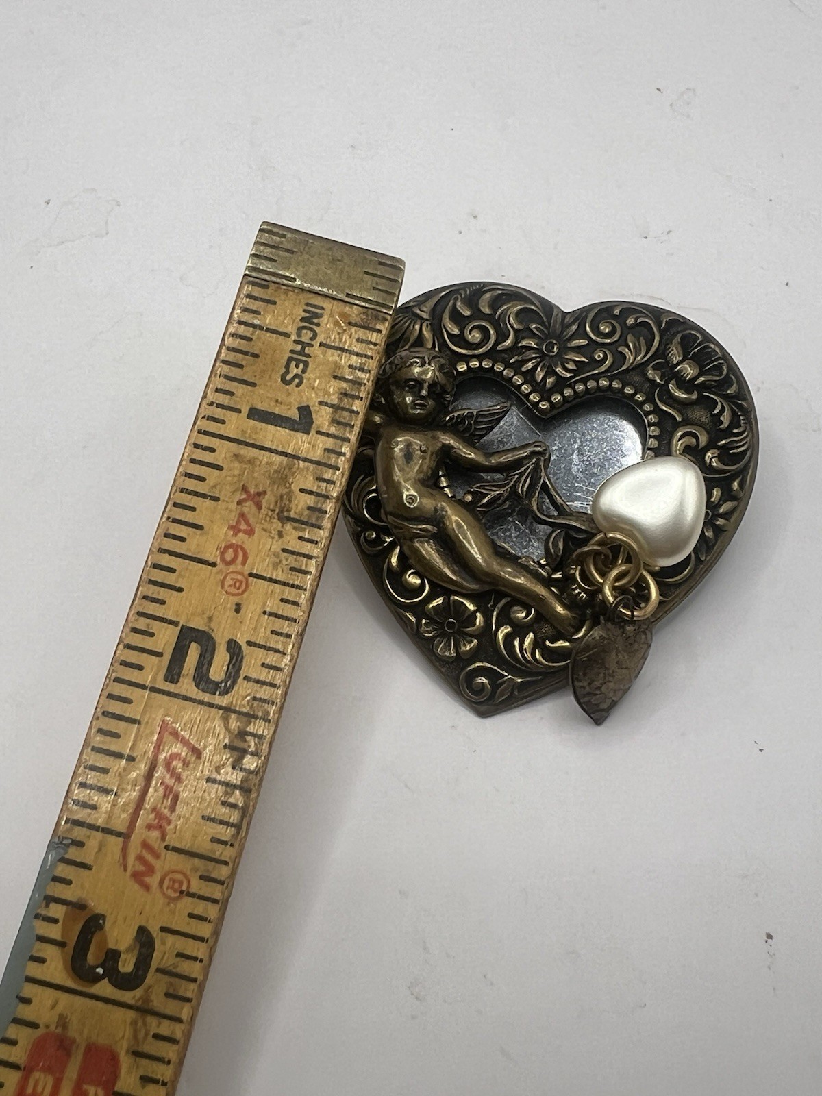 Vintage 2” Cherub Cupid Brooch Pin With 2 Heart Charms And Mirror Backing