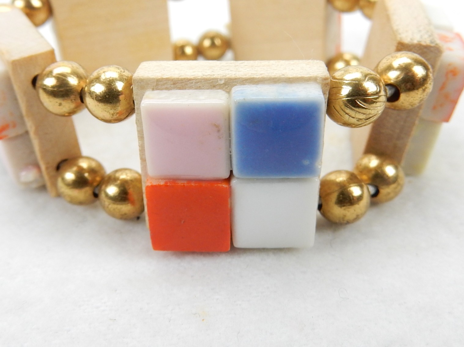 Vintage Costume Jewelry, Wood and Ceramic Tile Retro Bracelet, UNIQUE BCLT-11