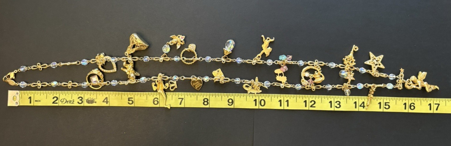 Kirks Folly Charm Necklace Angels Rings Hearts Frog Cat Alligator Crystals RARE