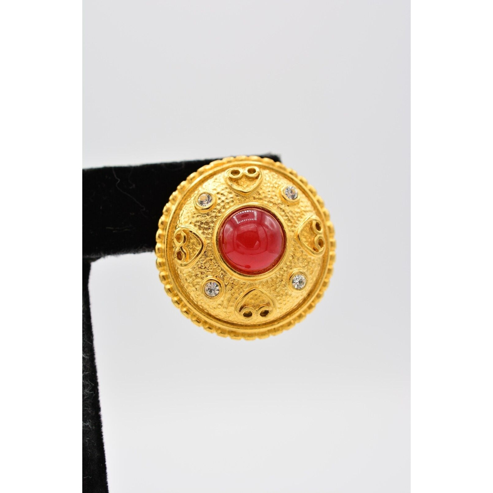 Vintage Chunky Cabochon Post Earrings Brushed Gold Red Crystal NOS 1980s BinA8
