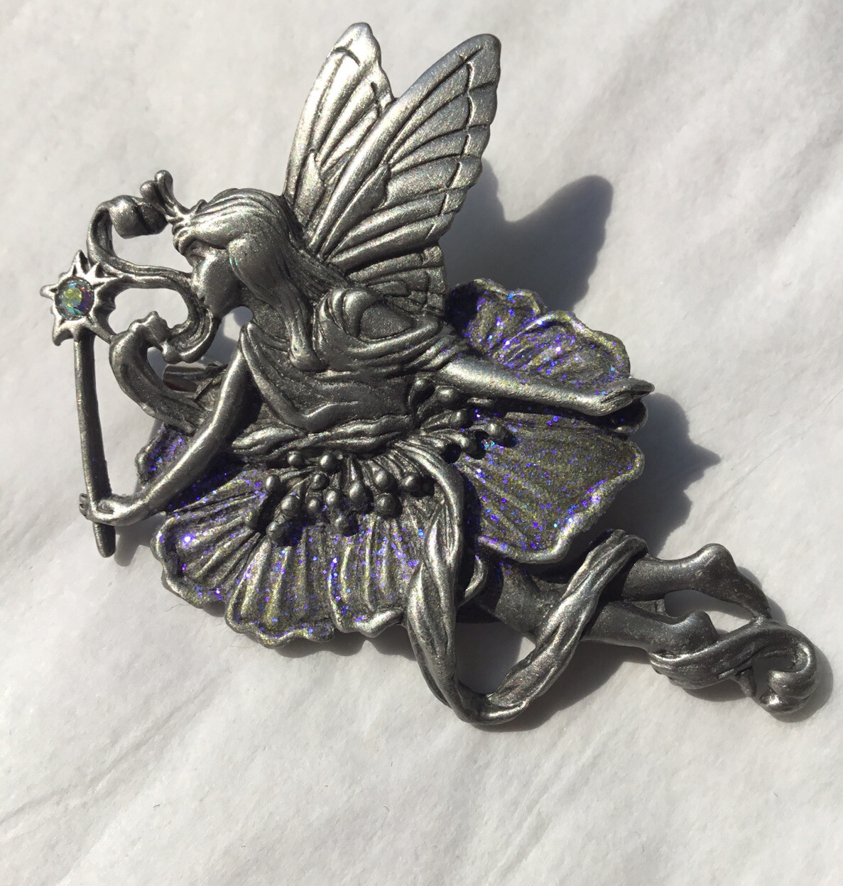JJ Jonette Pewter Fairy Brooch Whimsical Fantasy Purple Glitter Flower Dress