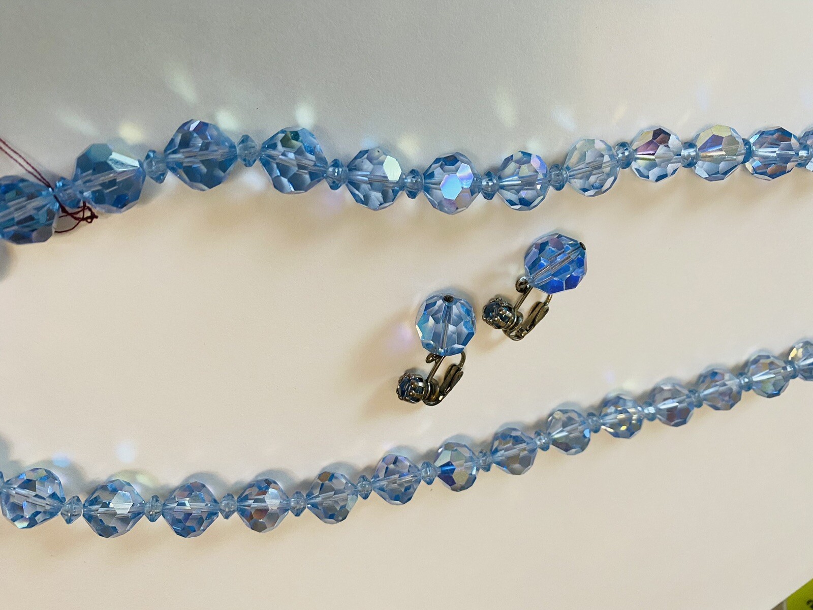 Aurora Borealis Icy Blue 22” Crystal Necklace & Earring Set. 1950’s